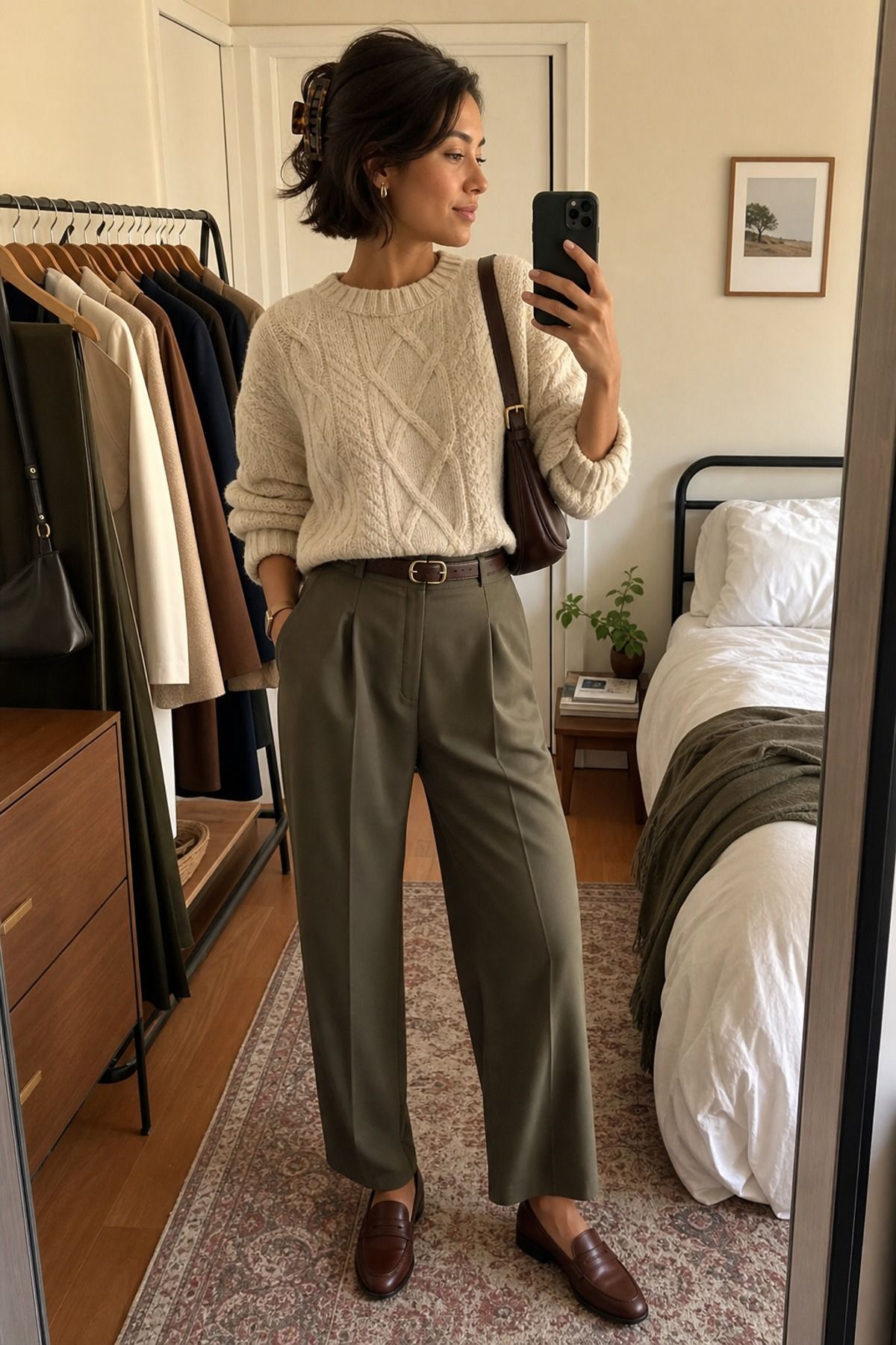 Woman wearing a fall cable knit with trousers