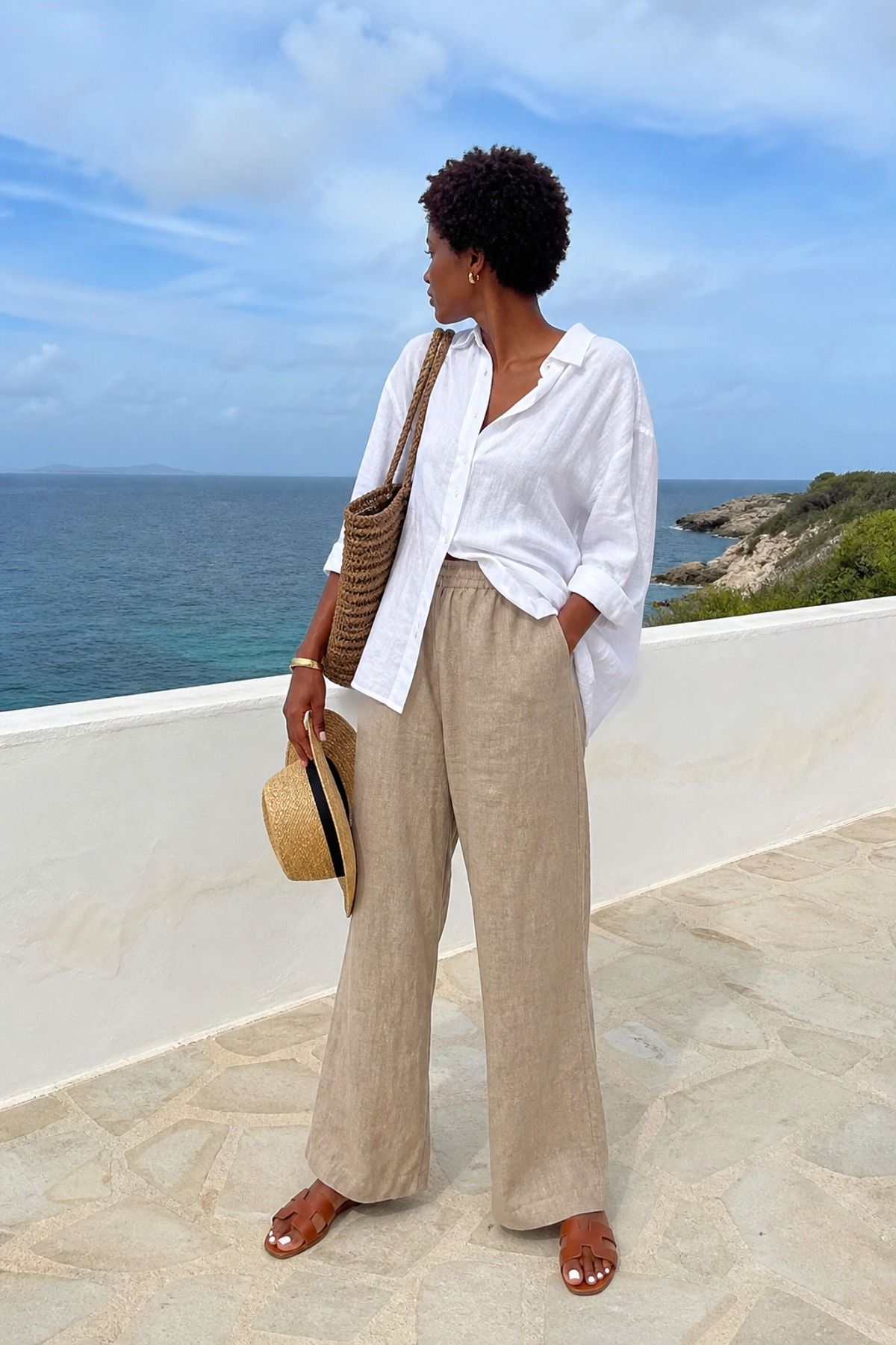 Woman wearing a resort linen shirt with wide-leg pants