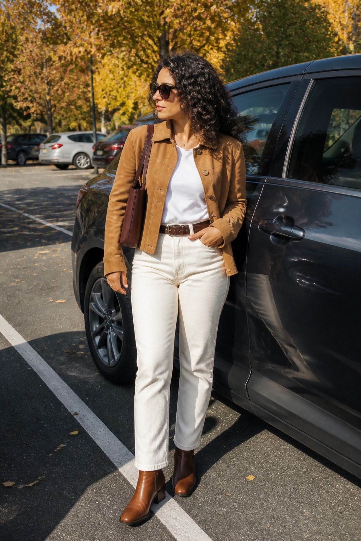 Woman wearing a fall suede jacket with cream denim