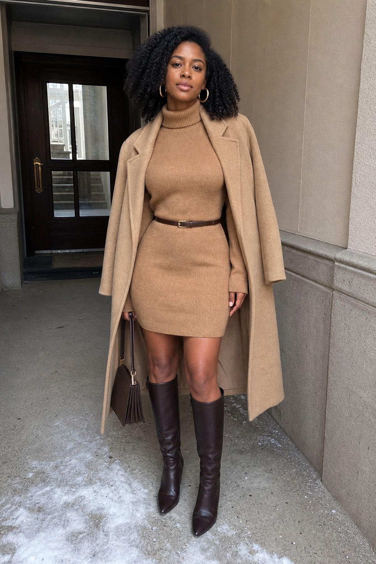 Woman wearing winter knee boots with a sweater dress
