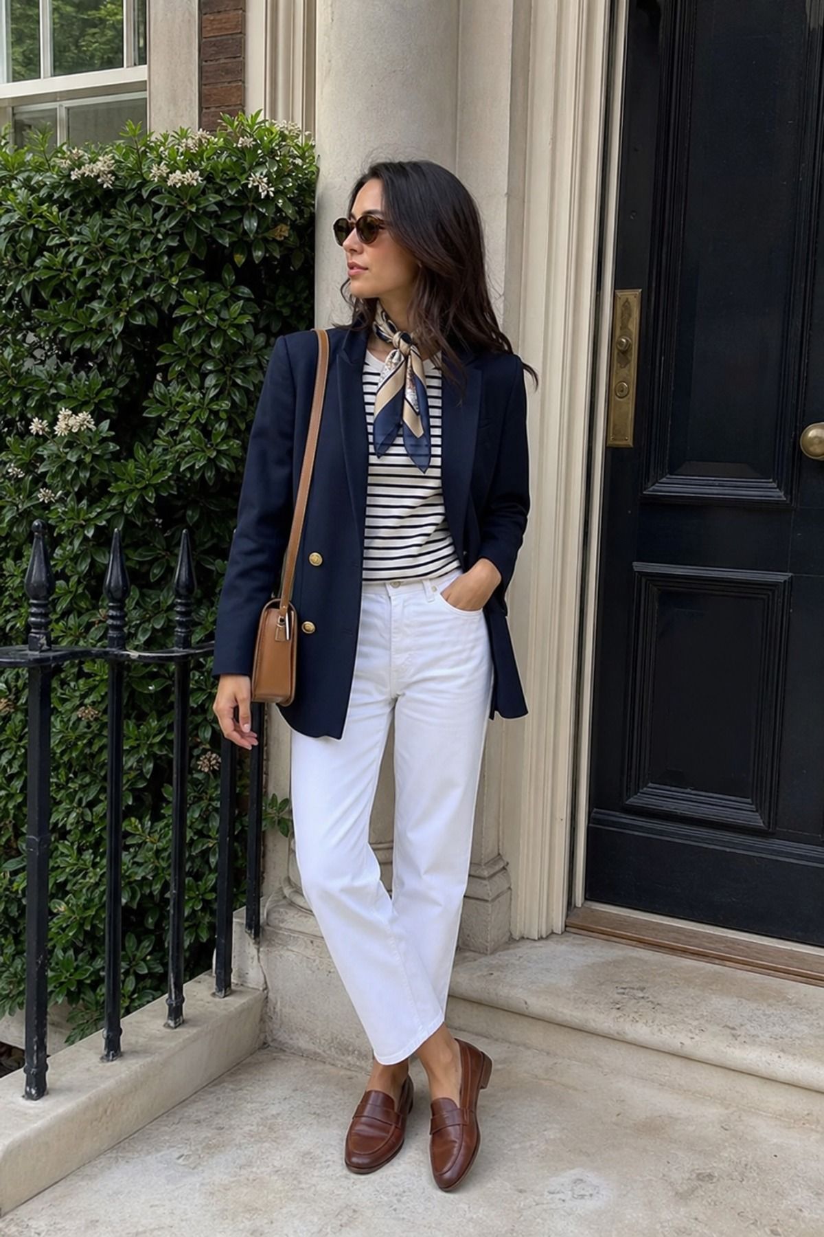 Woman wearing a spring navy blazer with white denim