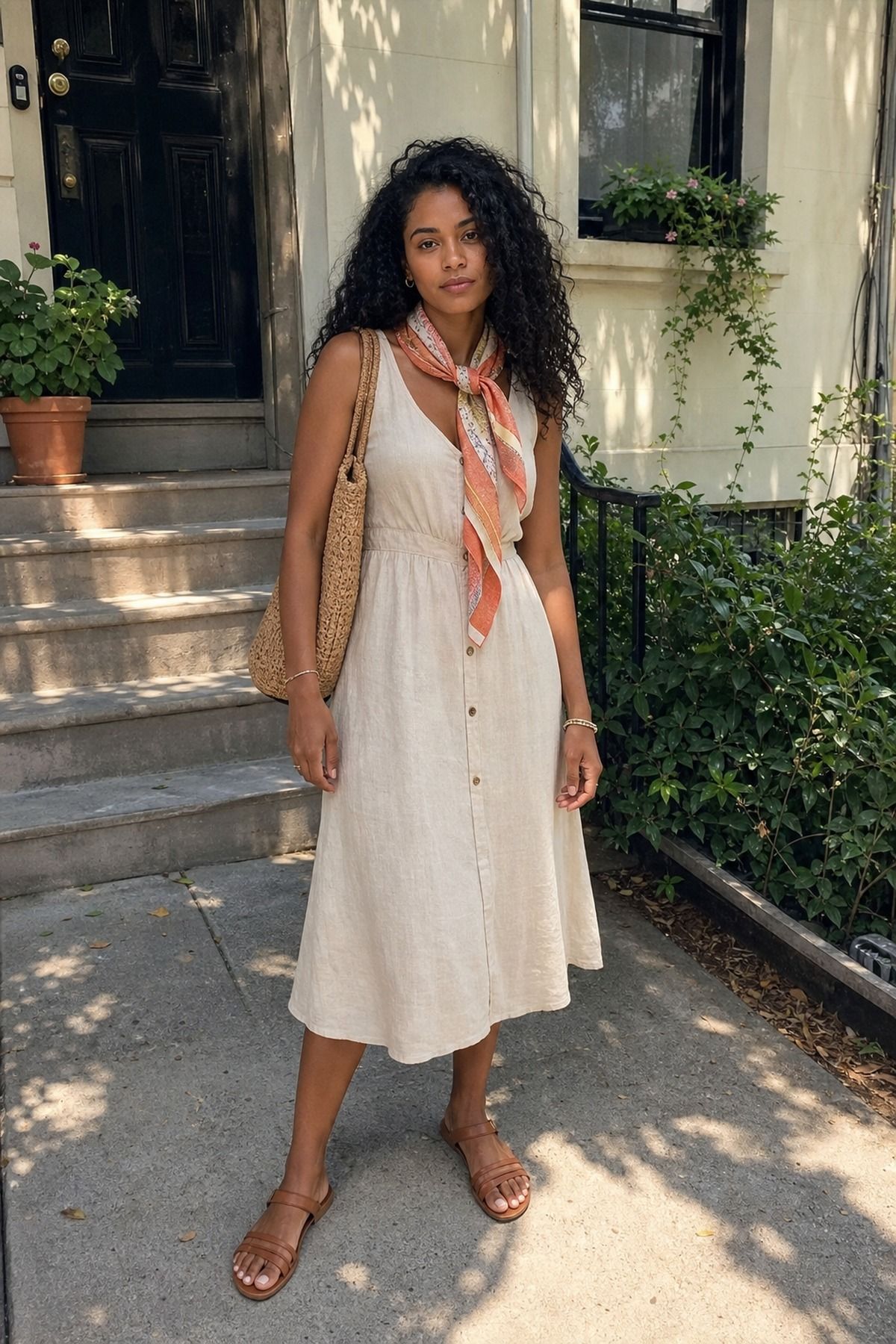 Woman wearing a linen dress with a scarf
