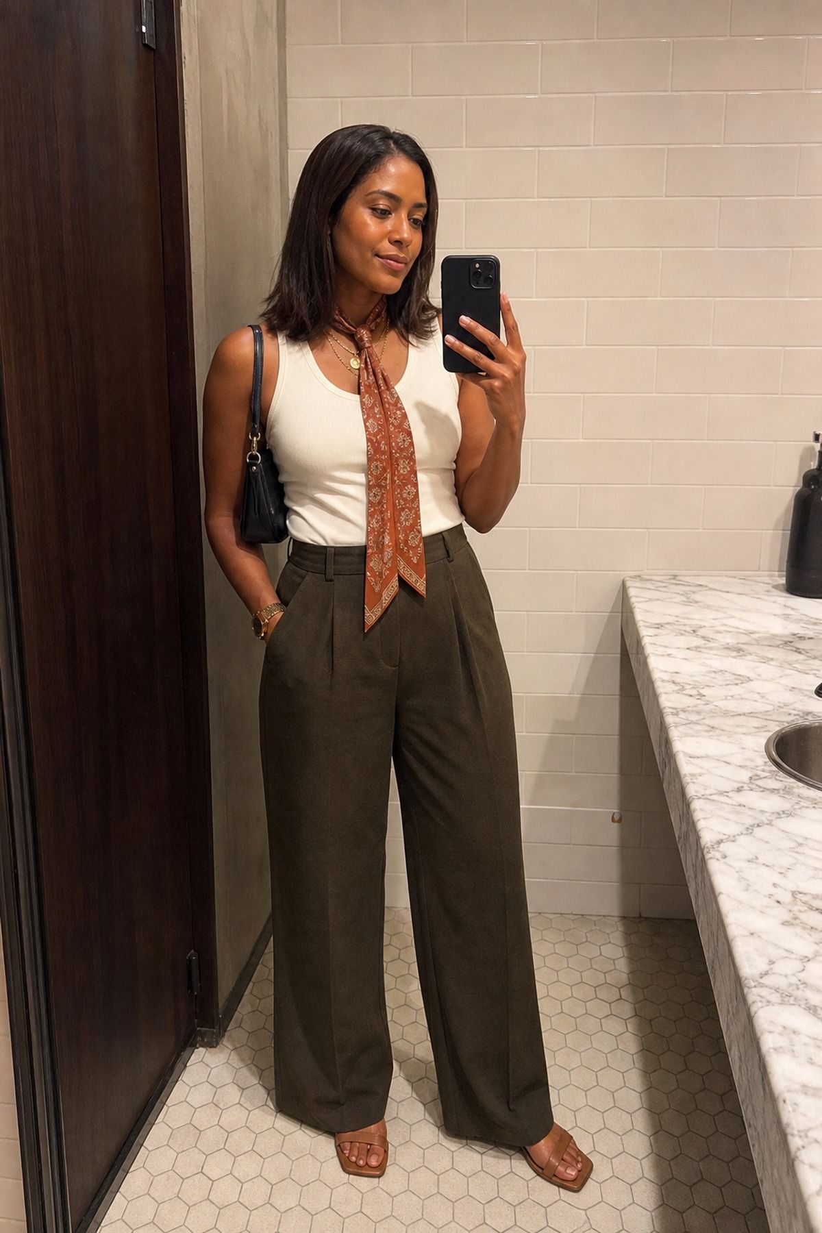 Woman wearing a tank top and trousers with a scarf
