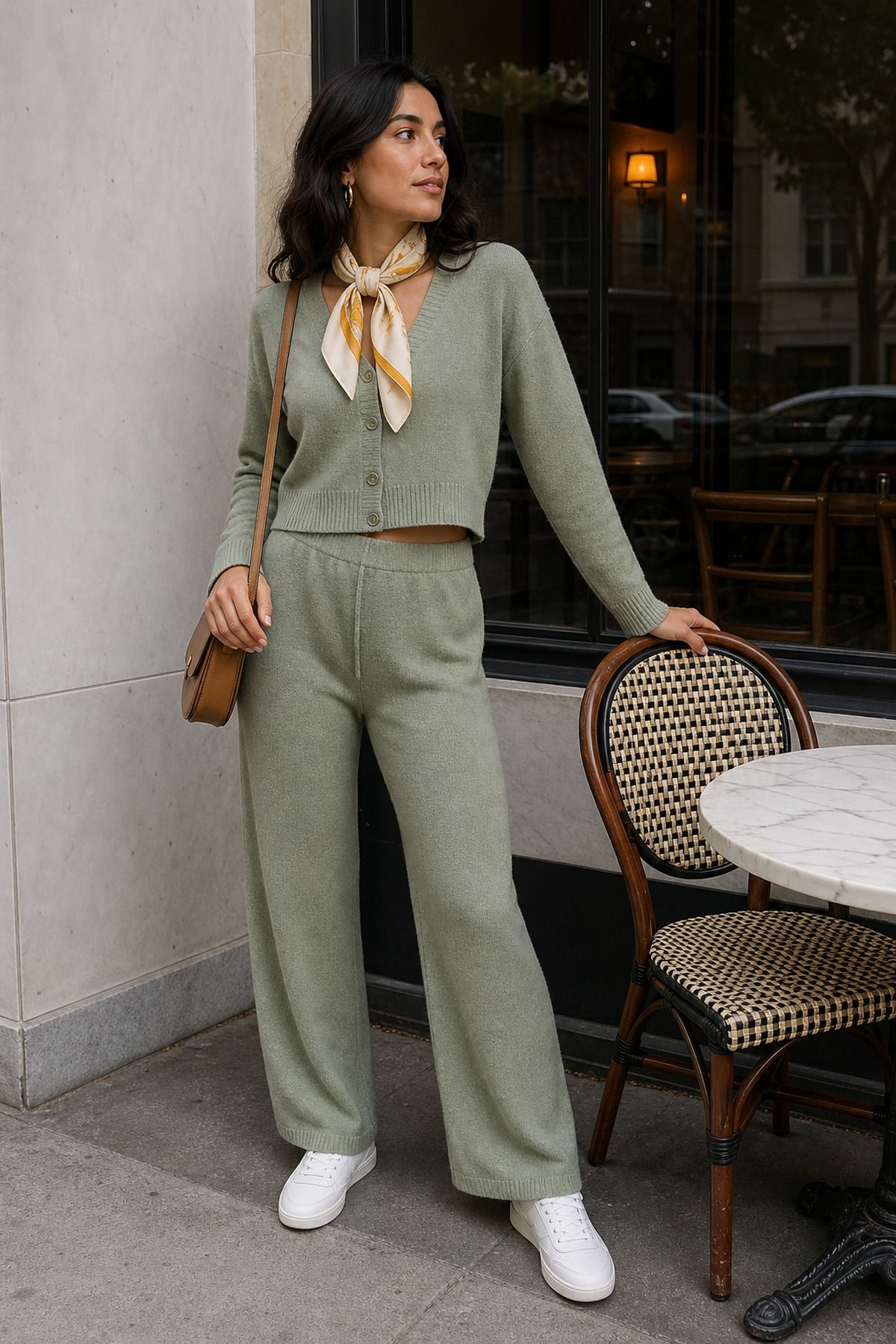 Woman wearing a casual matching set with a scarf