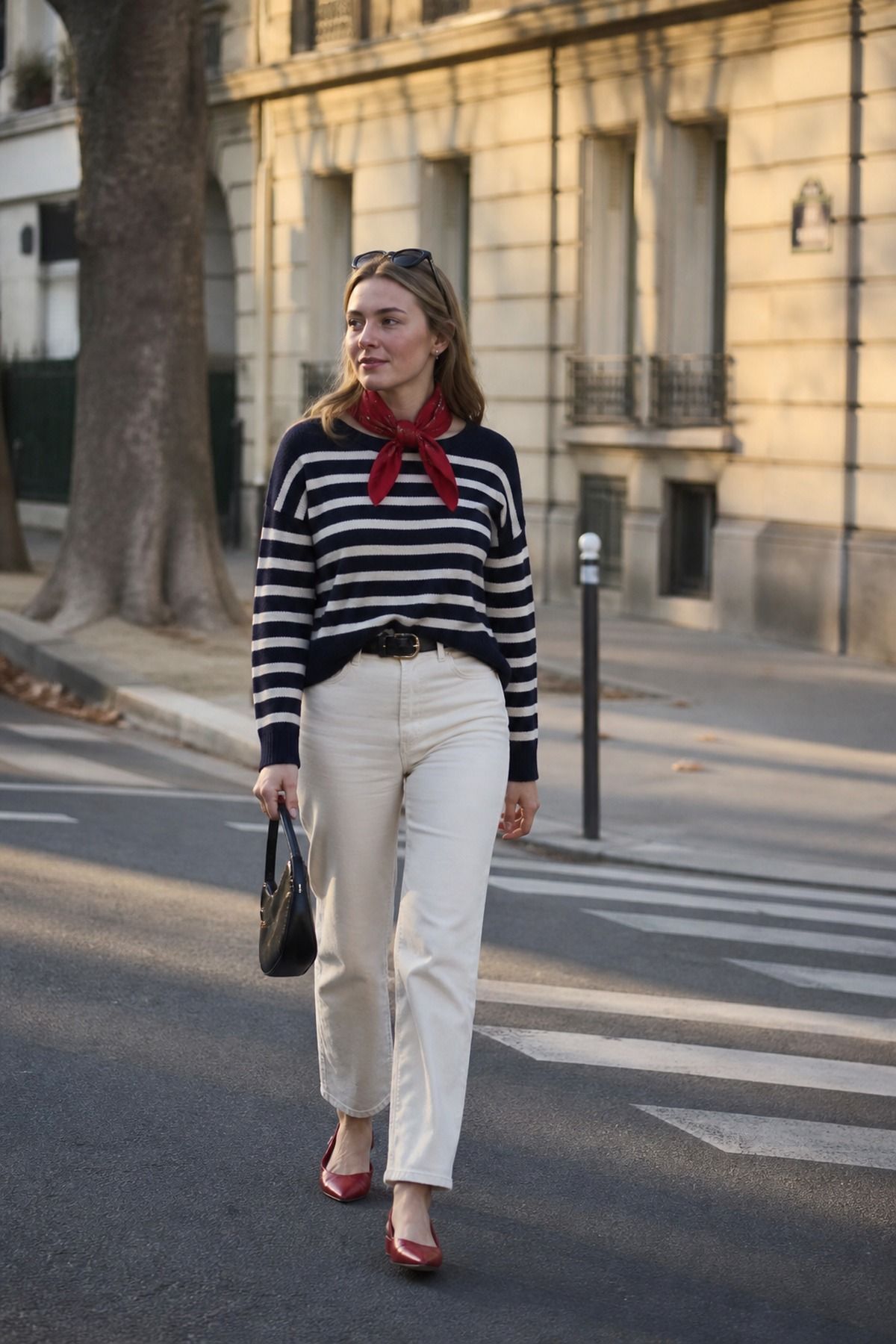 Woman in a striped sweater outfit with a scarf