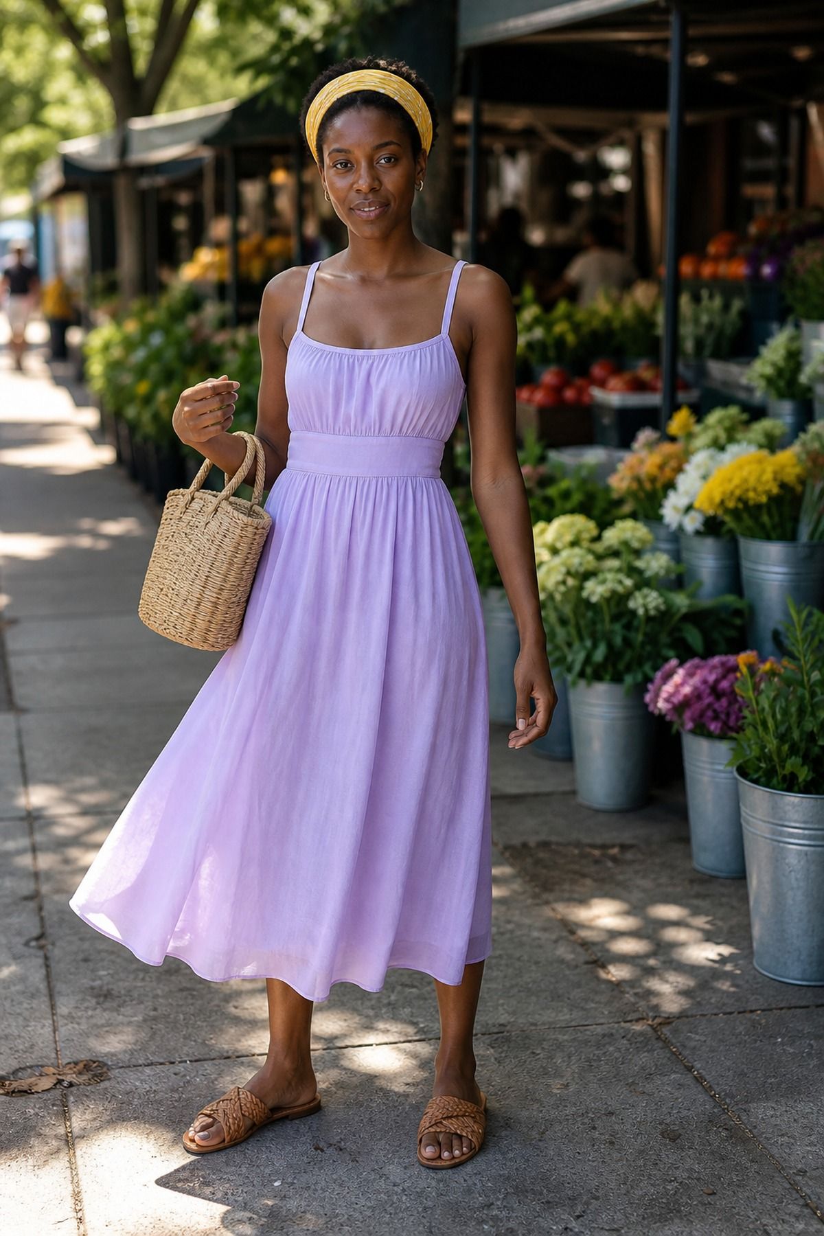 Woman wearing a sundress with a scarf