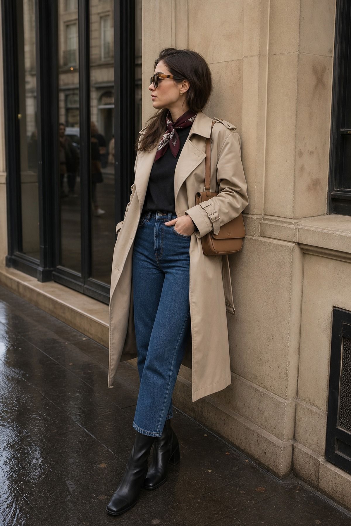 Woman wearing a trench coat outfit with a scarf