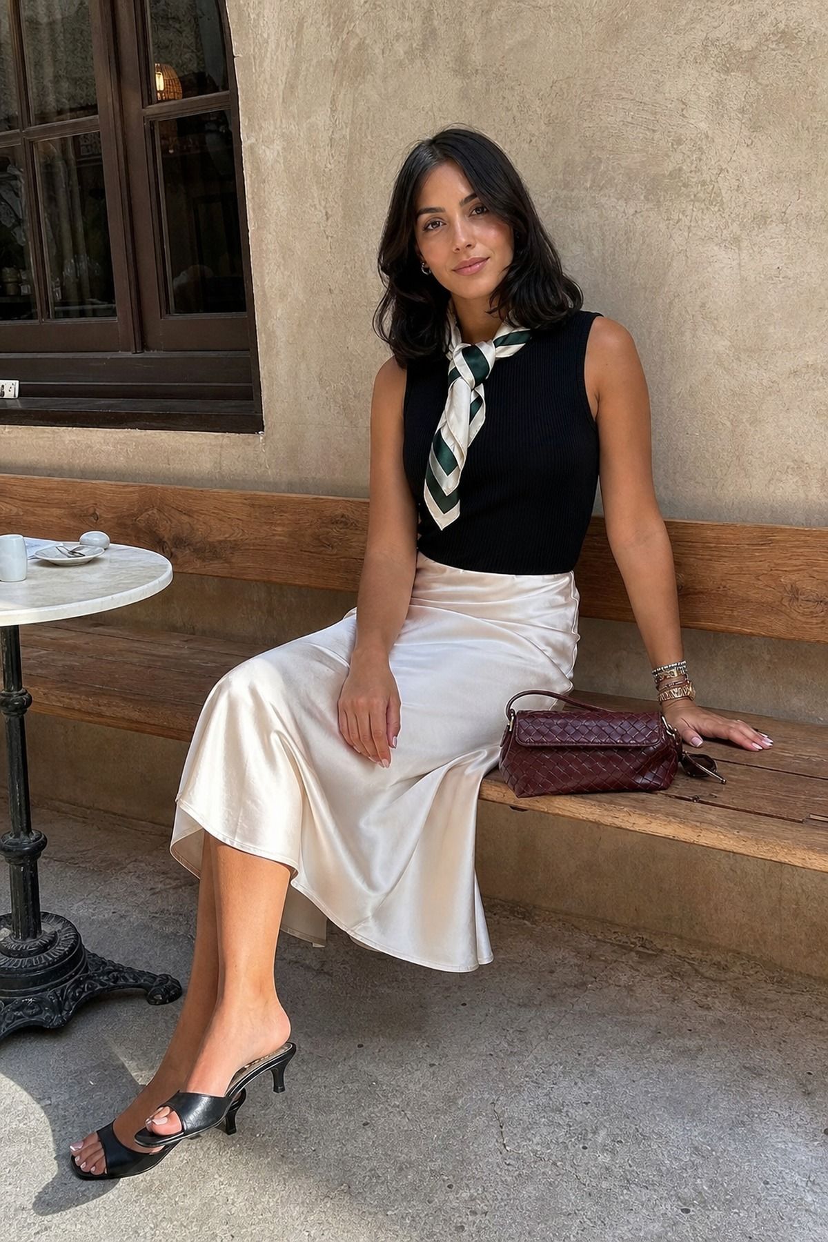 Woman wearing a slip skirt outfit with a scarf