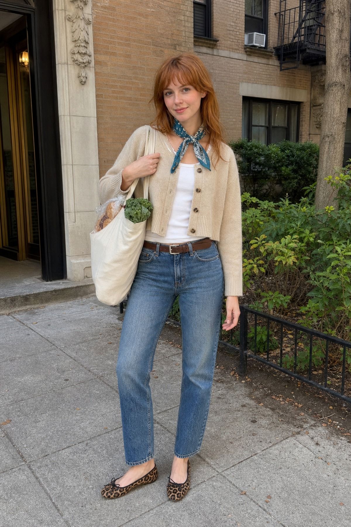Woman wearing a cardigan and jeans with a scarf