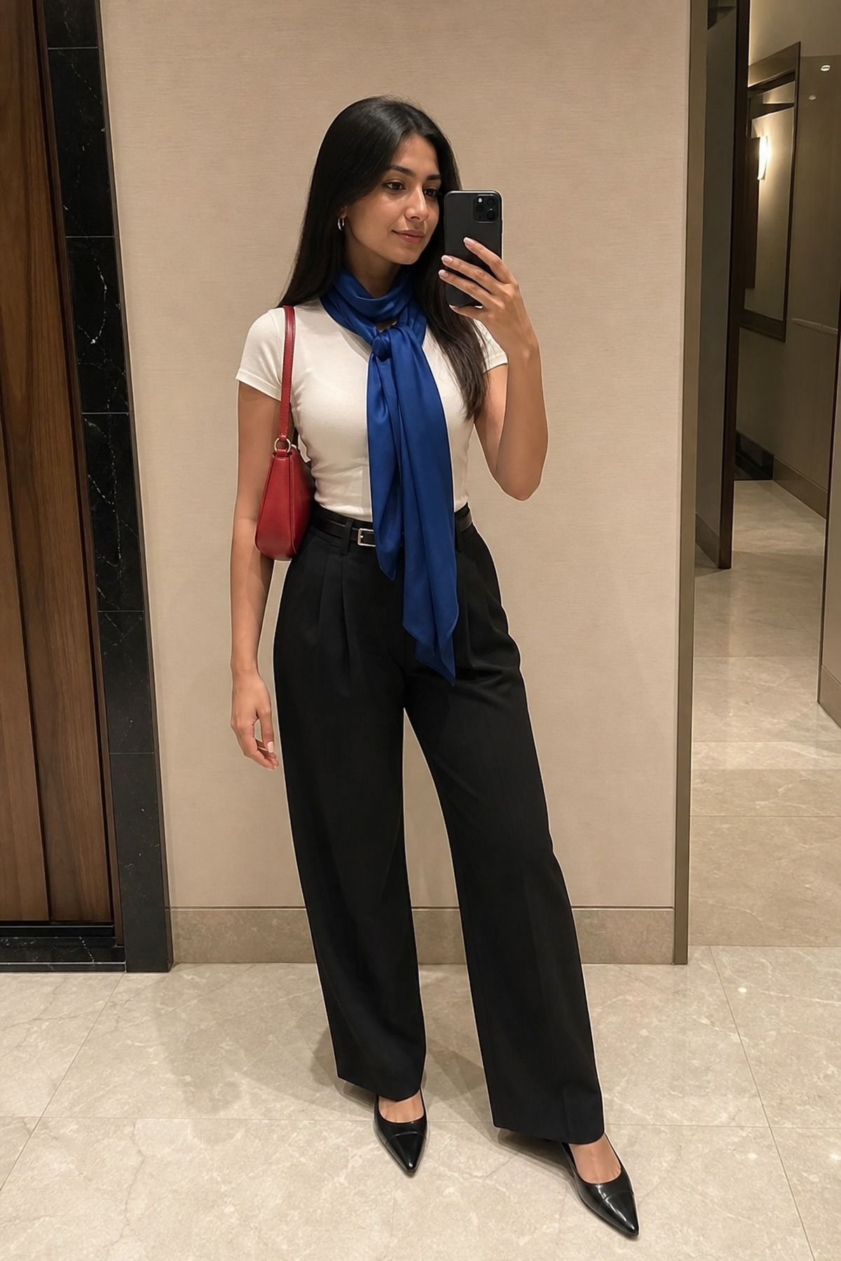 Woman wearing black trousers with a scarf