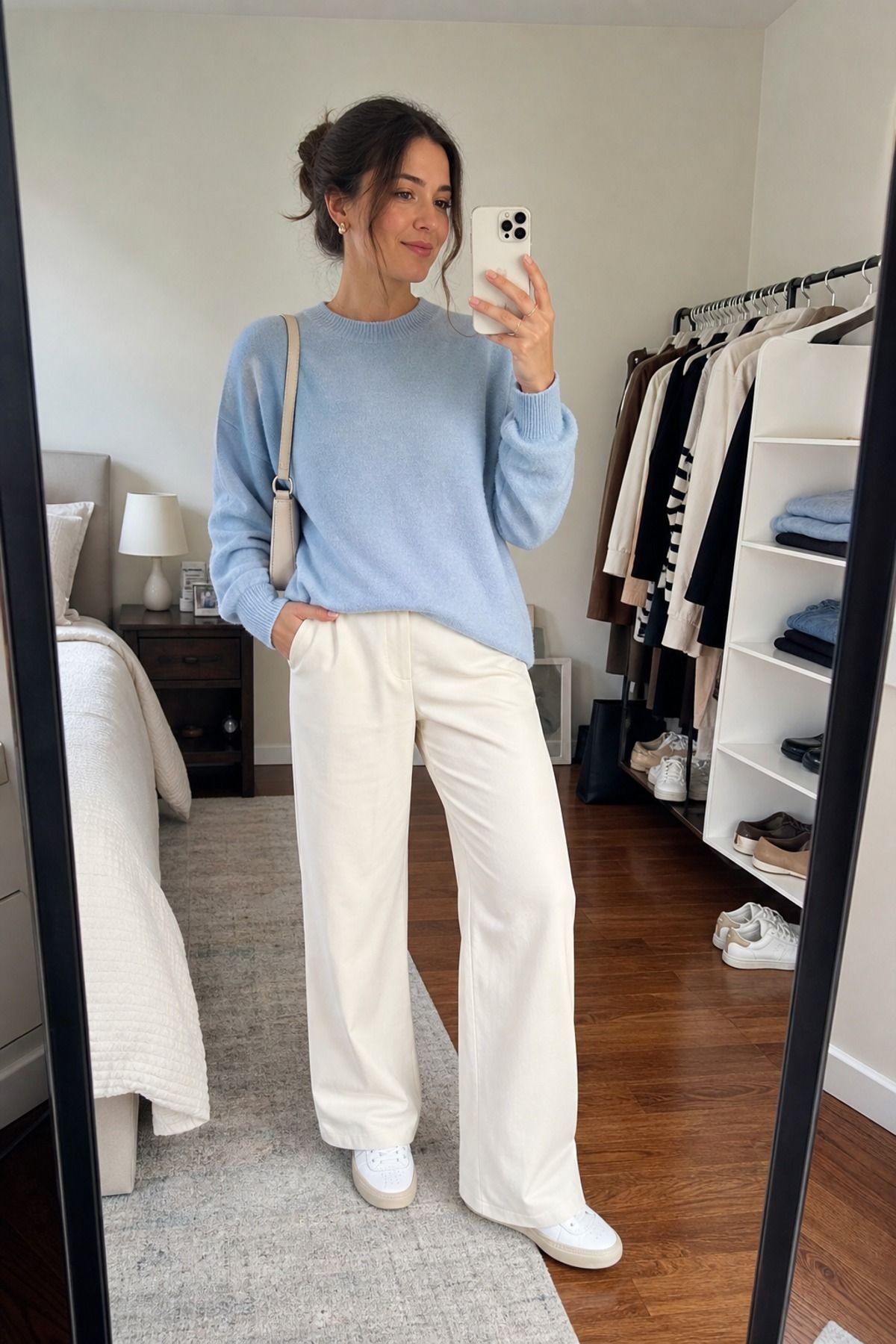 Woman wearing a baby blue sweater with cream pants, a soft girl outfit
