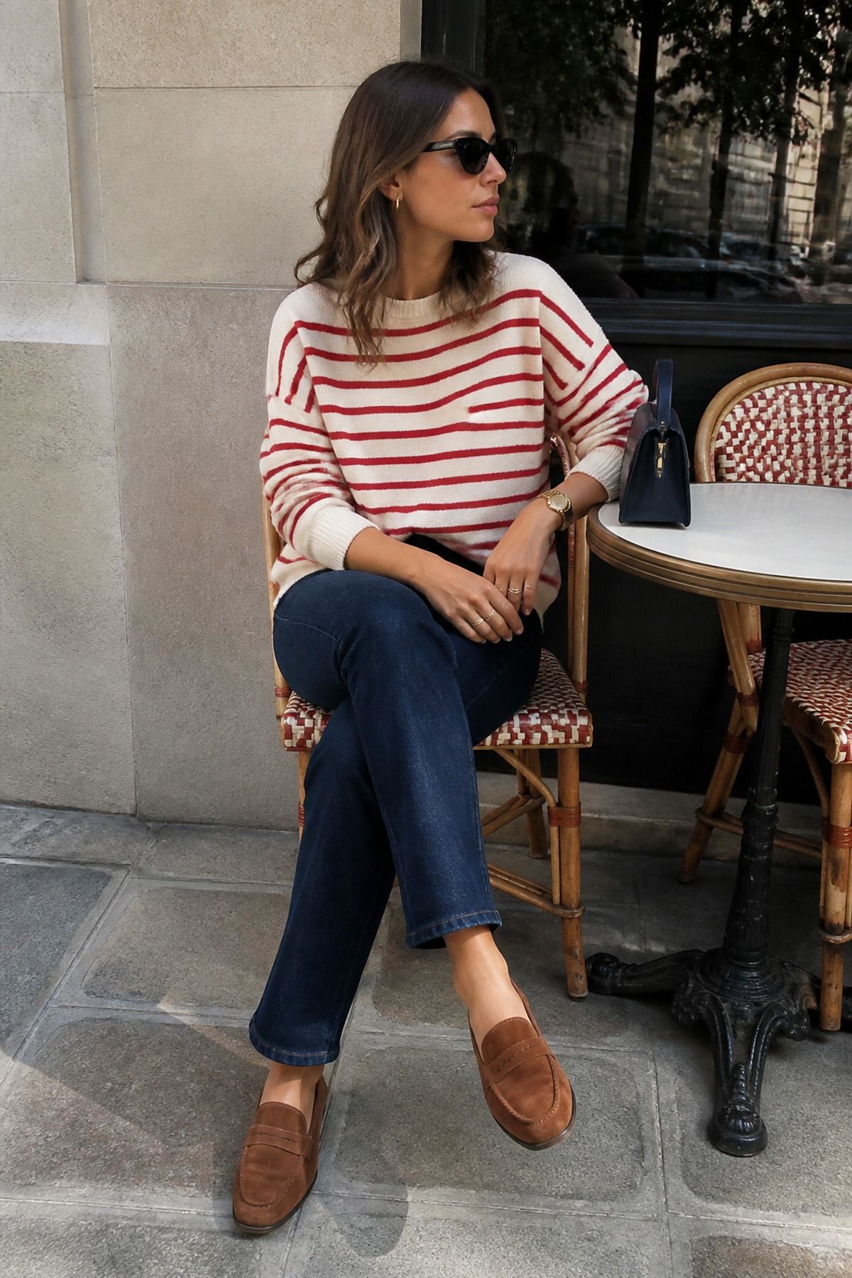 Woman wearing a striped sweater outfit with sunglasses