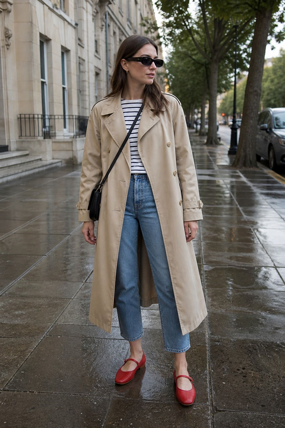 Woman wearing a trench coat outfit with sunglasses