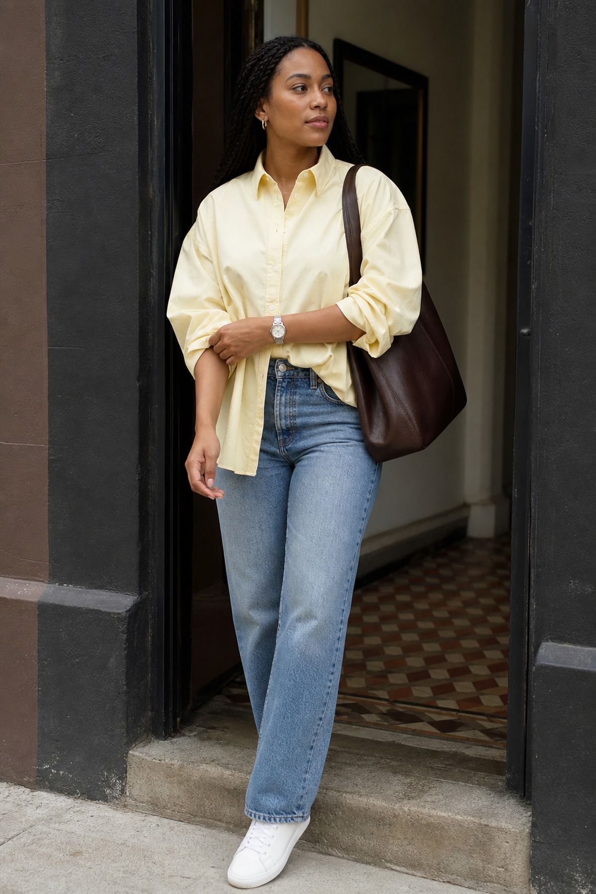 Woman wearing a button-down shirt with a tote bag