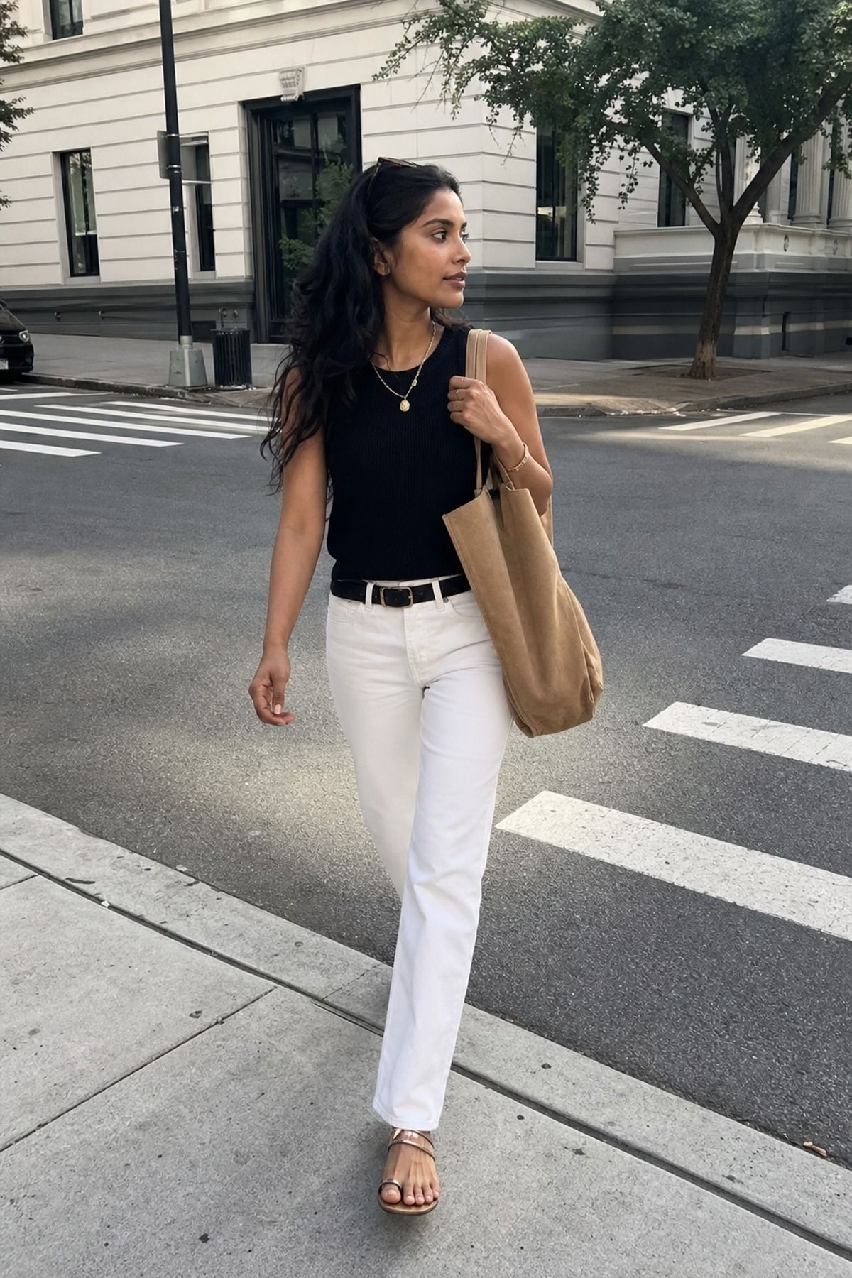 Woman wearing white jeans with a tote bag
