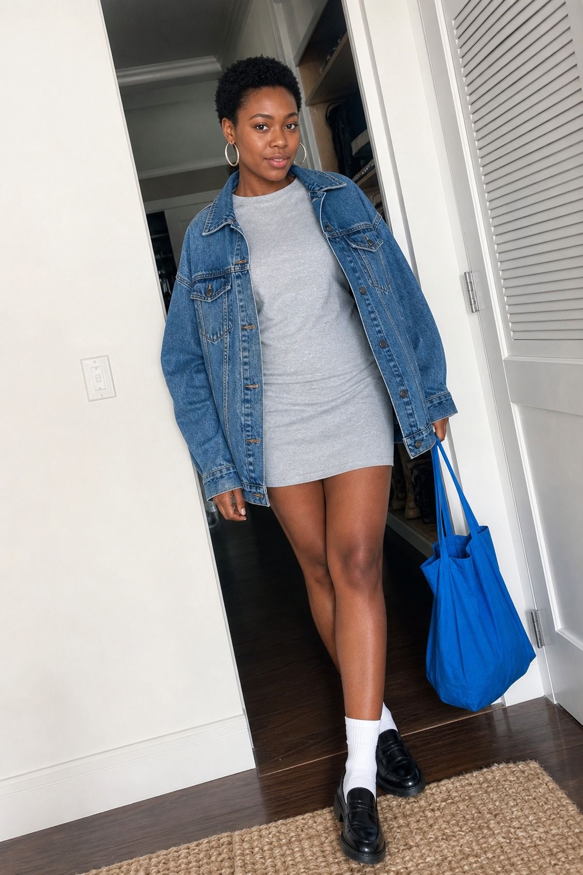 Woman wearing a t-shirt dress with a tote bag