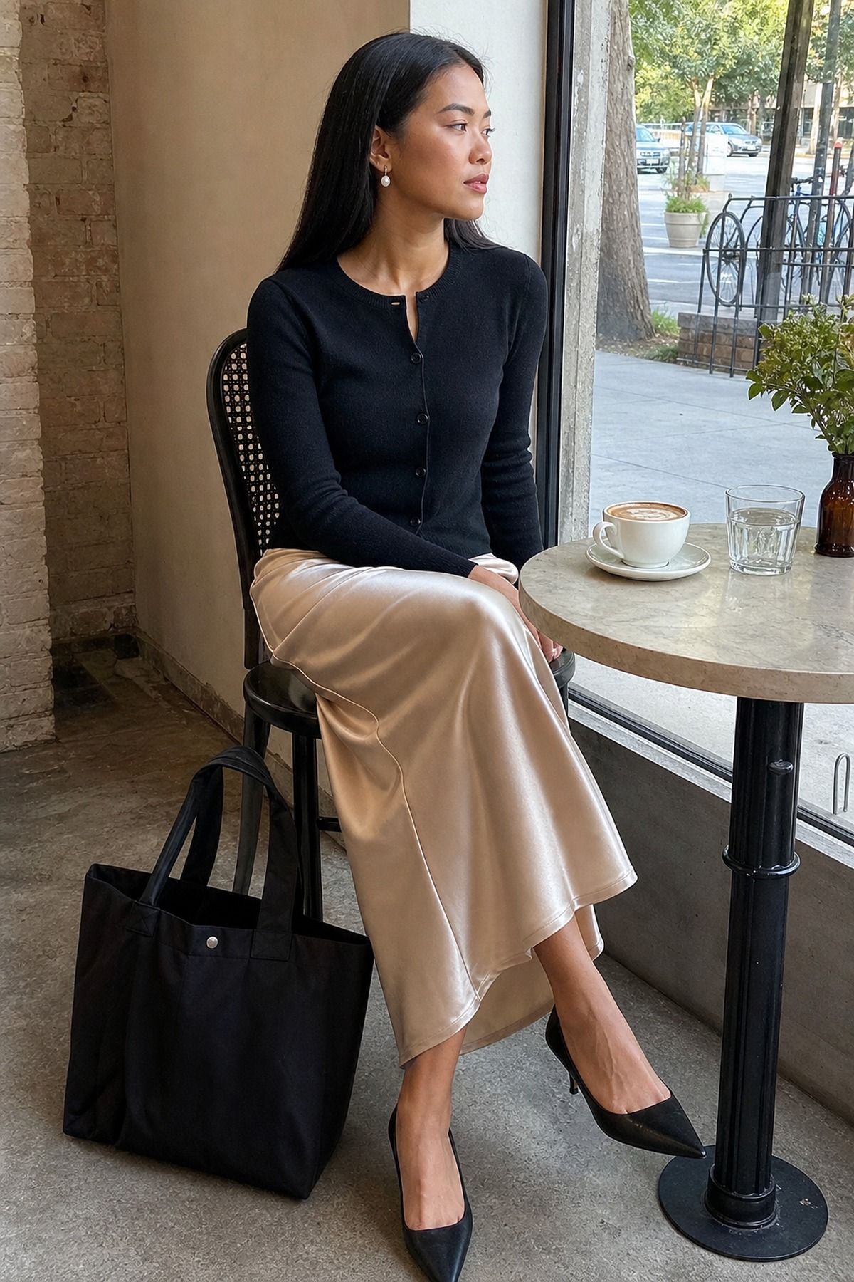 Woman wearing a slip skirt outfit with a tote bag