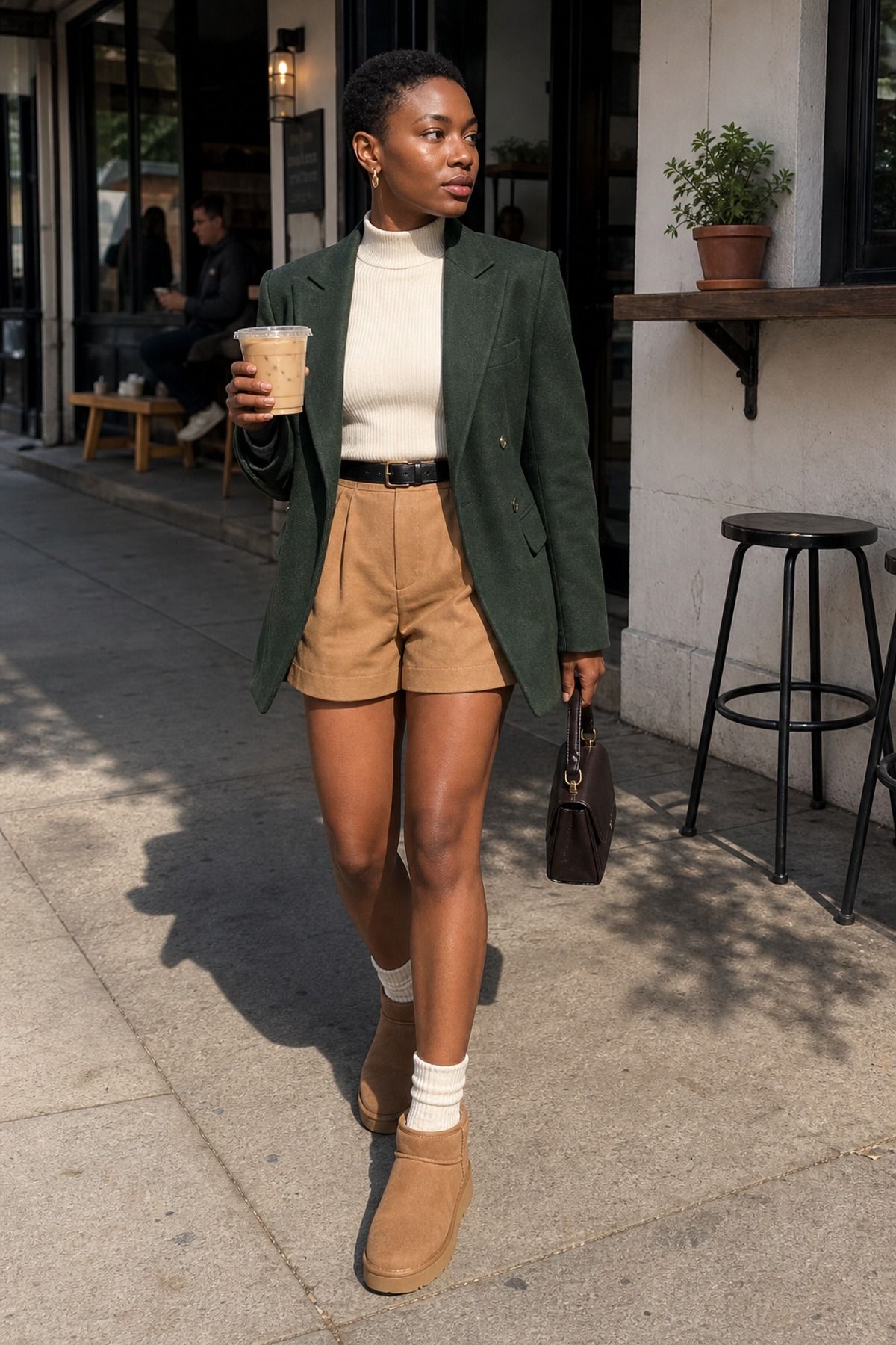 Woman wearing tailored shorts with Uggs
