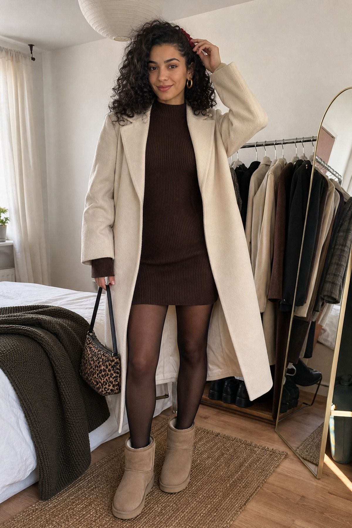 Woman wearing a sweater dress with Uggs
