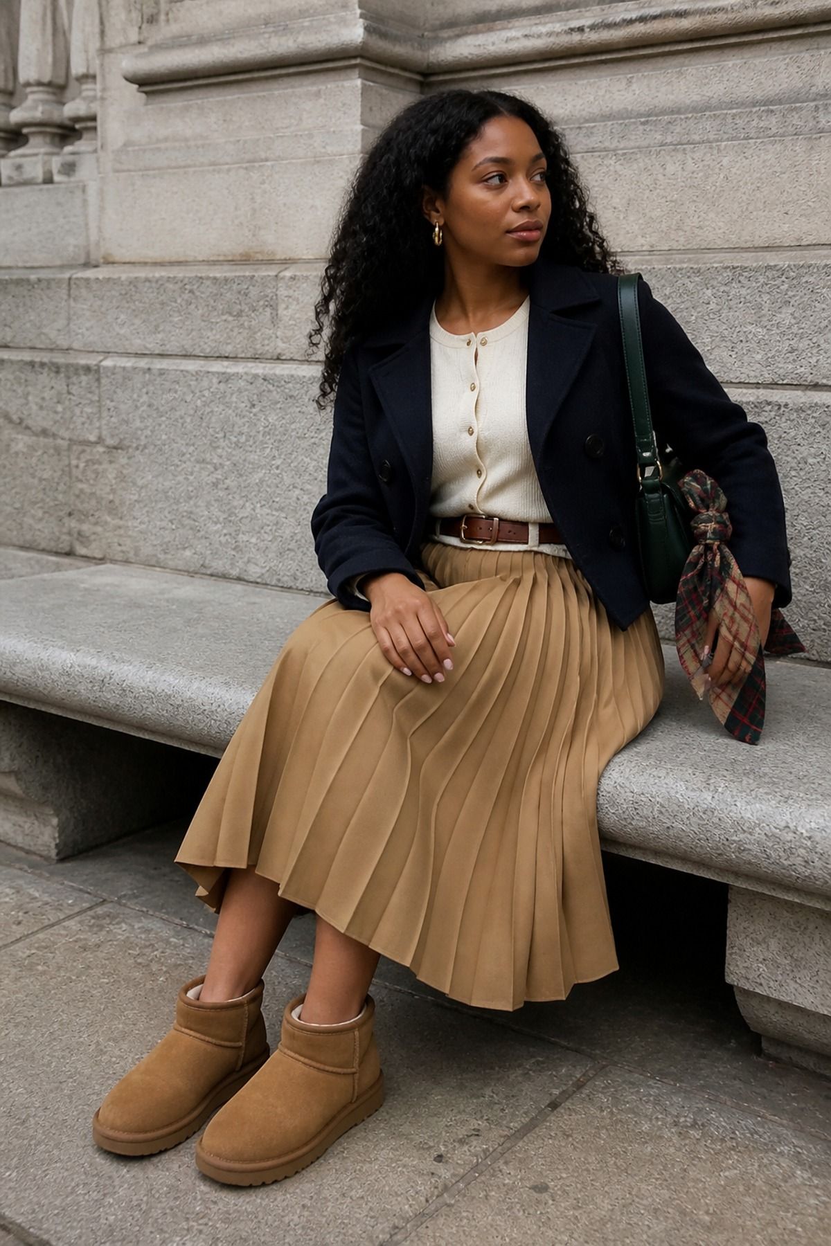 Woman wearing a pleated skirt with Uggs