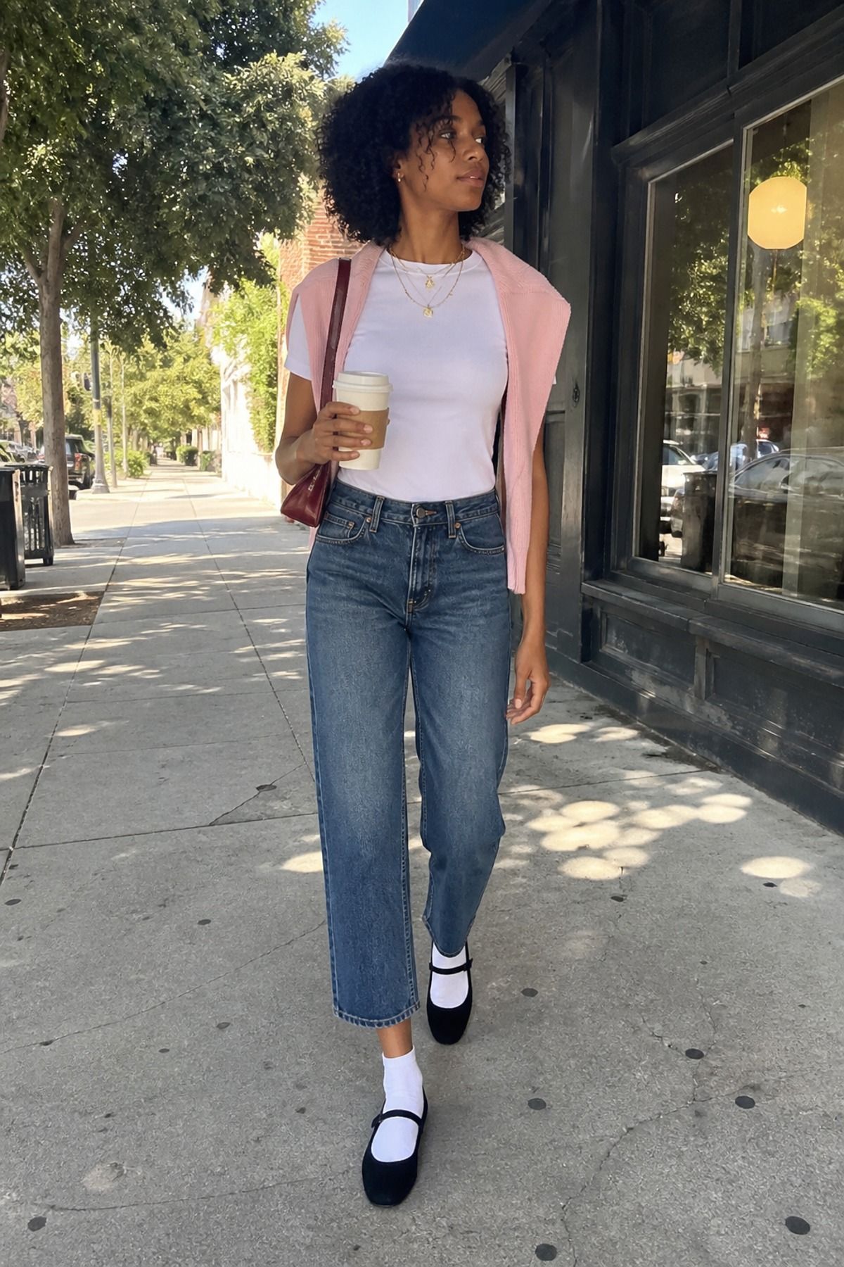 Woman wearing Mary Janes with white socks and cropped jeans, a balletcore casual outfit