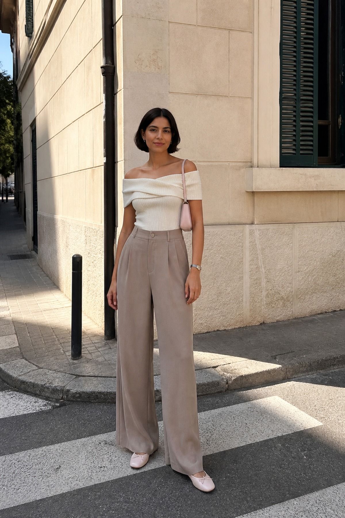 Woman wearing an off-shoulder top with wide-leg trousers, a balletcore casual outfit