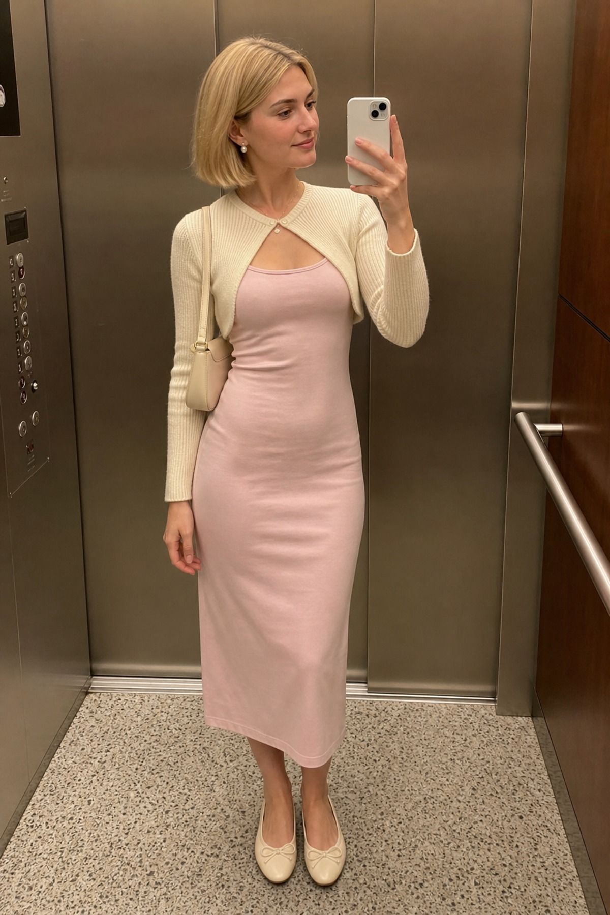 Woman wearing a bolero sweater with a tank dress, a balletcore casual outfit