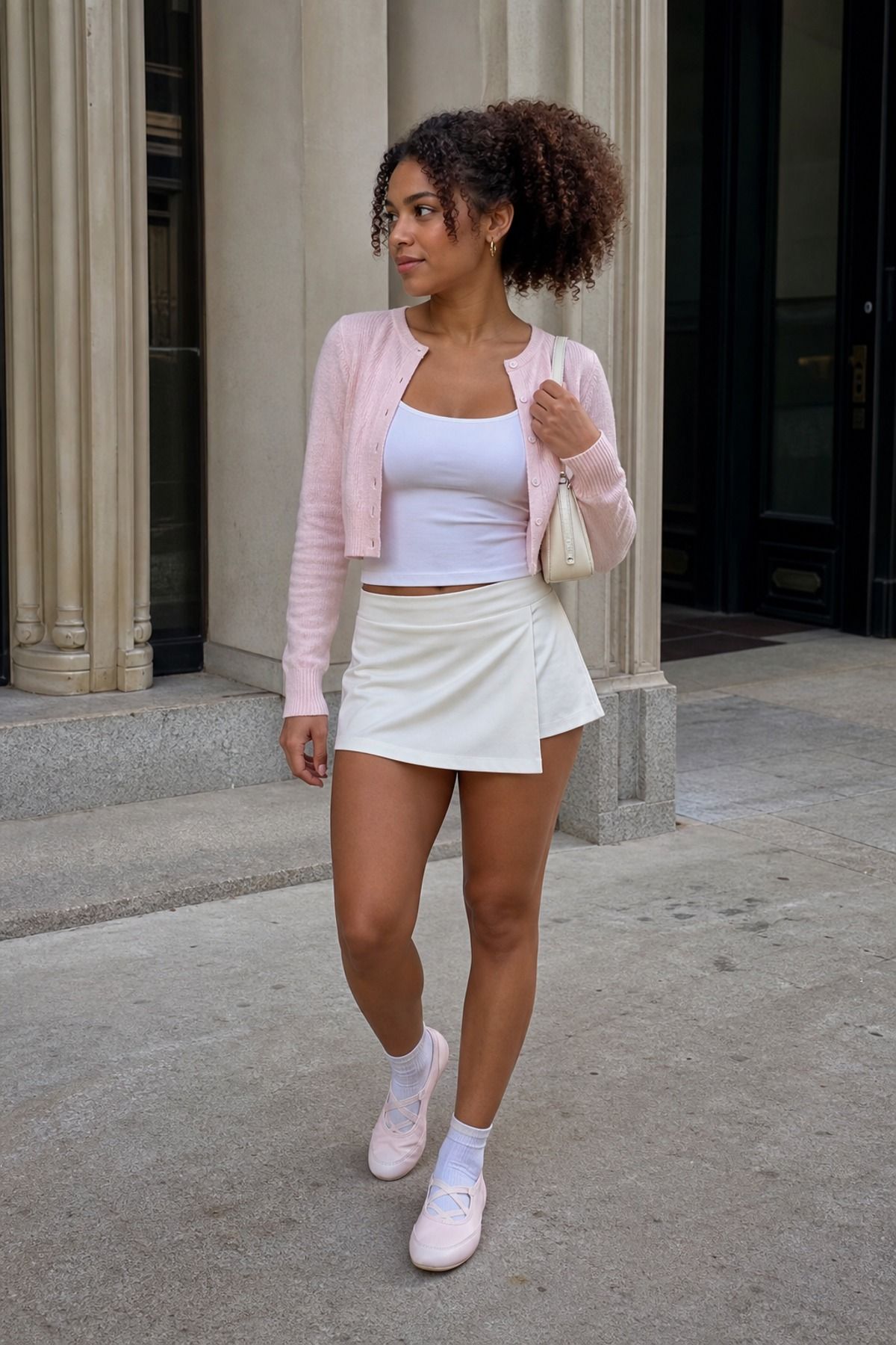 Woman wearing ballet sneakers with a skort and cardigan, a balletcore casual outfit