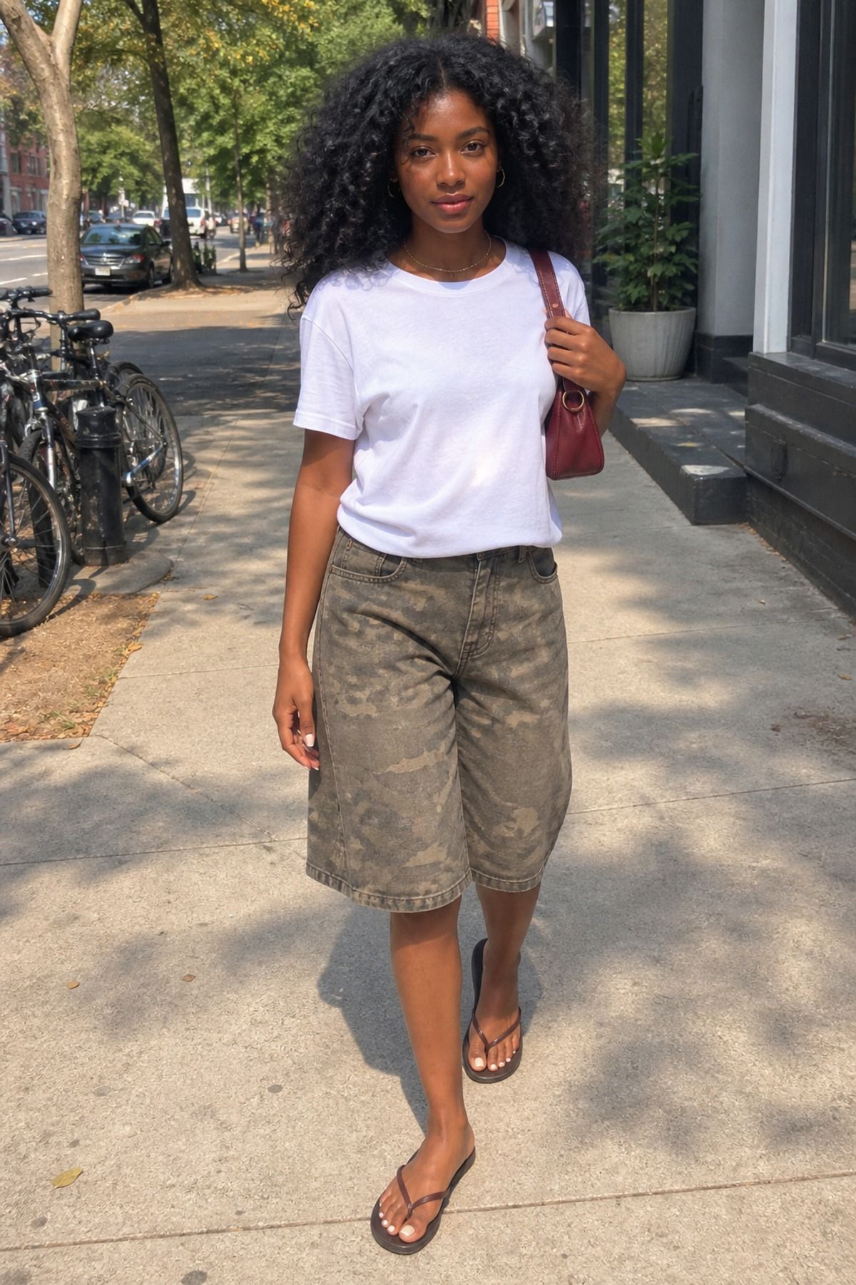 Woman wearing camo jorts with a white tee and flip flops, a copenhagen style outfit