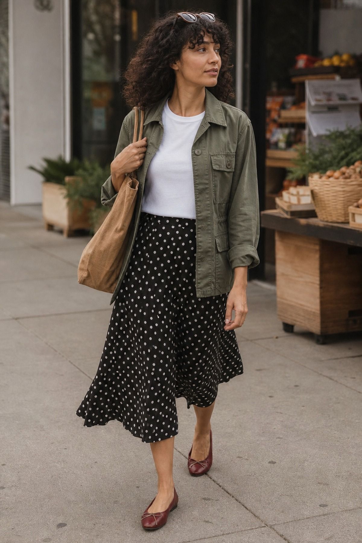 Woman wearing a polka dot skirt with a utility jacket, a copenhagen style outfit
