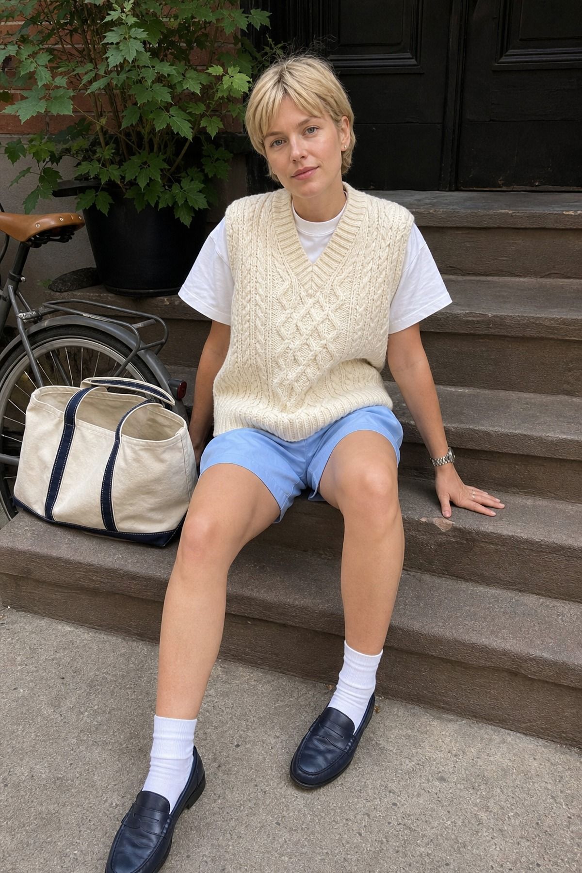 Woman wearing an oversized knit vest with poplin shorts, a copenhagen style outfit