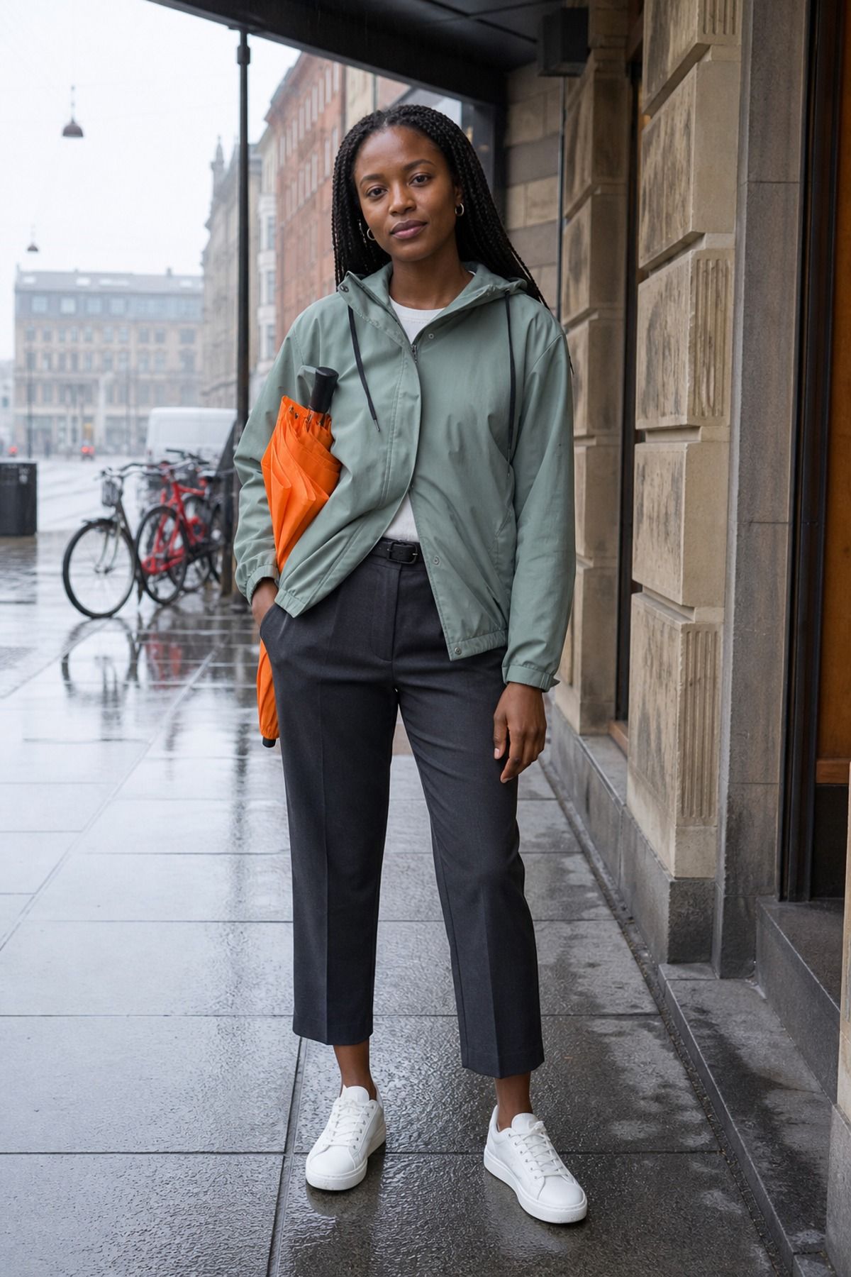 Woman wearing a rain jacket with tailored trousers, a copenhagen style outfit