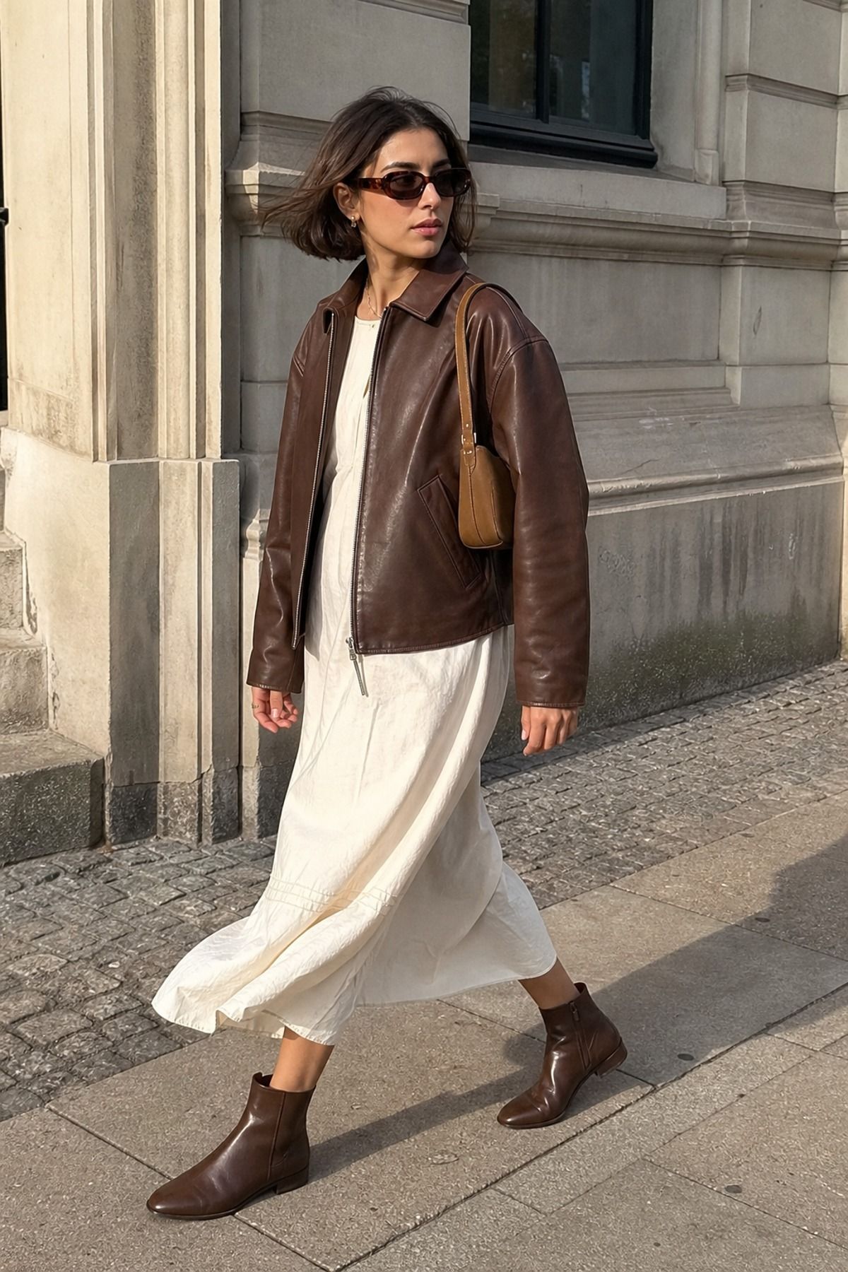 Woman wearing a brown leather jacket with a cream dress, a copenhagen style outfit