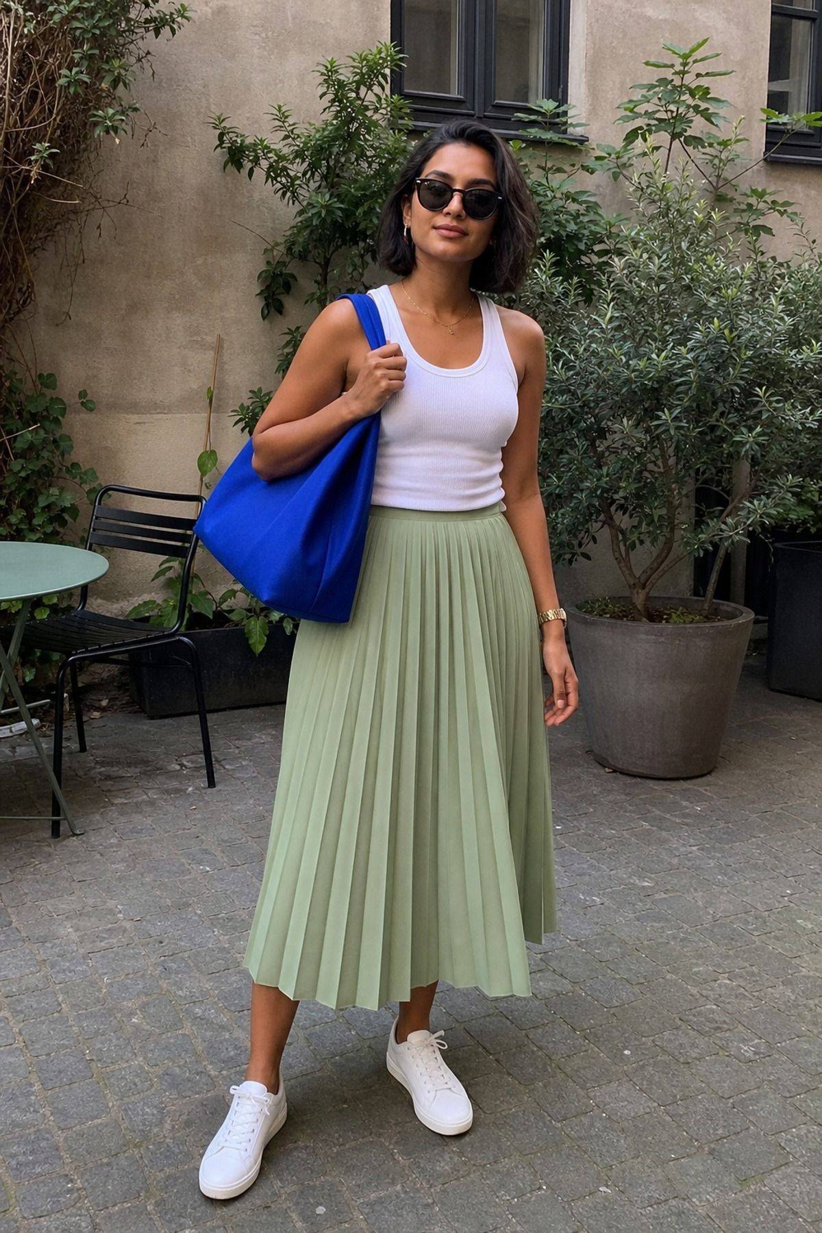 Woman carrying an oversized tote with a tank and pleated skirt, a Copenhagen style outfit