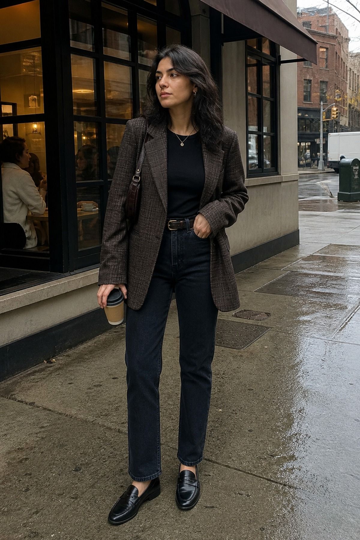 Woman in a brown tweed check blazer, black tee, dark straight jeans and black penny loafers holding a coffee on a wet sidewalk, a dark academia casual outfit