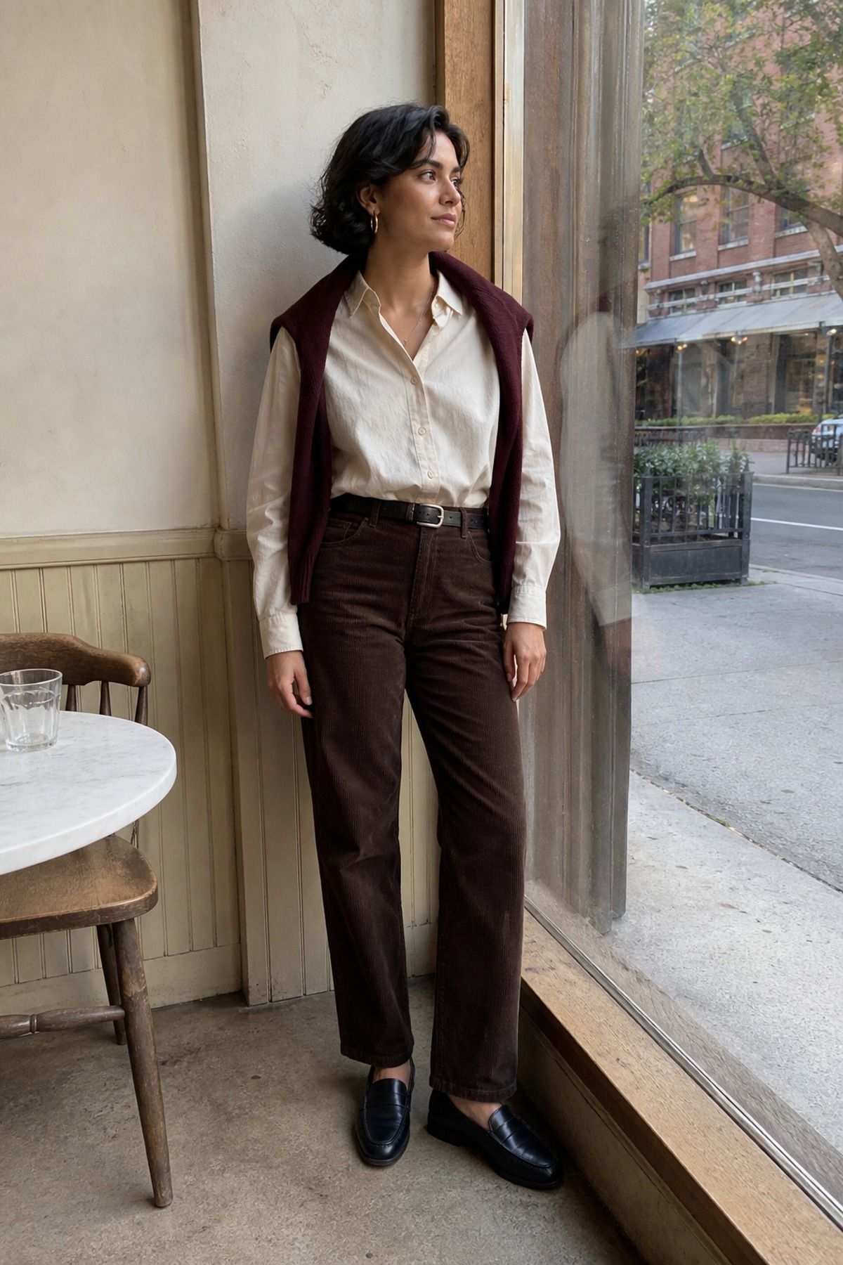 Woman in brown corduroy straight pants and a cream button-down with a burgundy sweater over her shoulders and black loafers by a cafe window