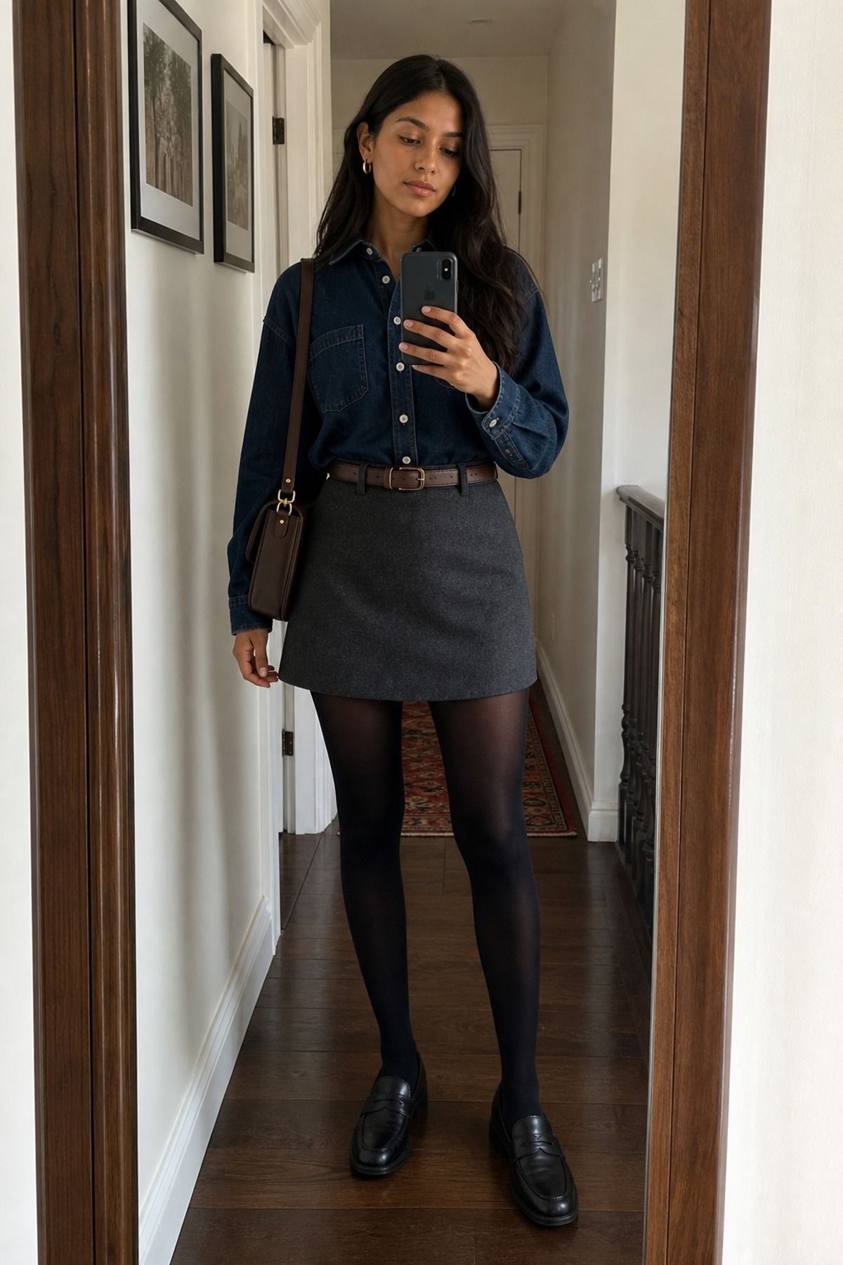 Woman in a dark denim shirt tucked into a charcoal wool mini skirt with black tights and black loafers in a hallway mirror selfie
