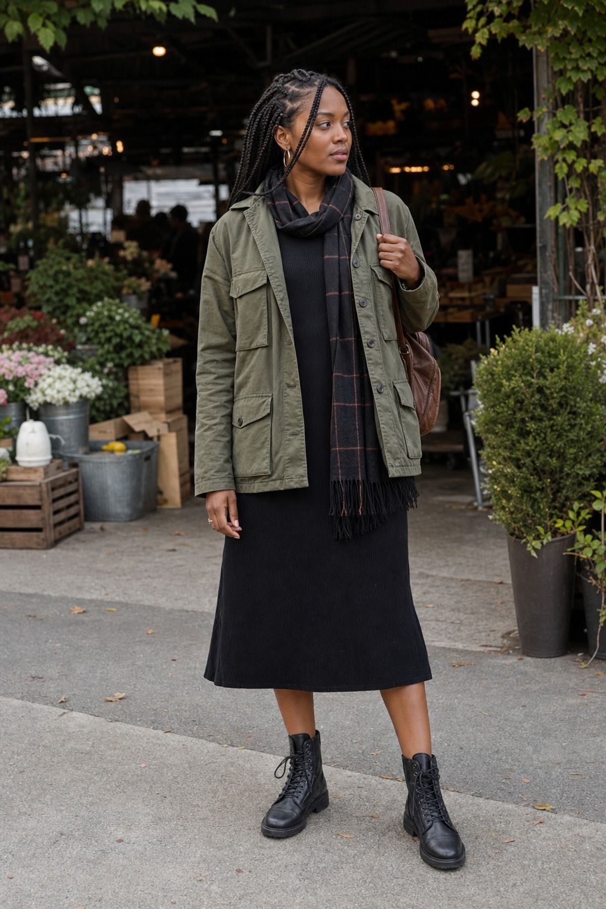 Woman in an olive utility jacket, plaid scarf, black midi dress and black lace-up boots outside a flower market