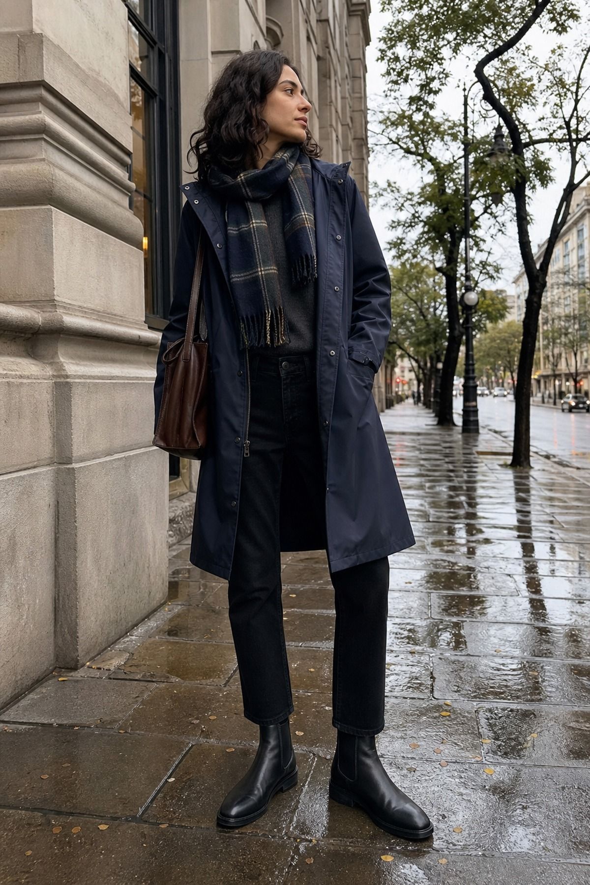 Woman in a navy hooded raincoat, plaid scarf, black jeans and black Chelsea boots on a rainy sidewalk