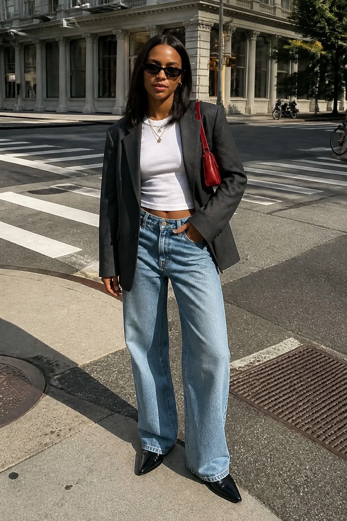 Woman wearing a blazer with a baby tee and loose denim, a downtown girl outfit