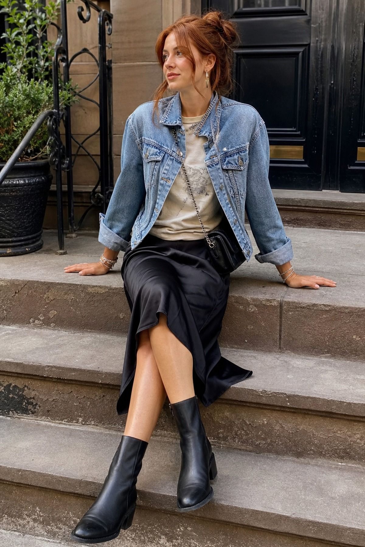 Woman wearing a slip skirt with a graphic tee and boots, a downtown girl outfit