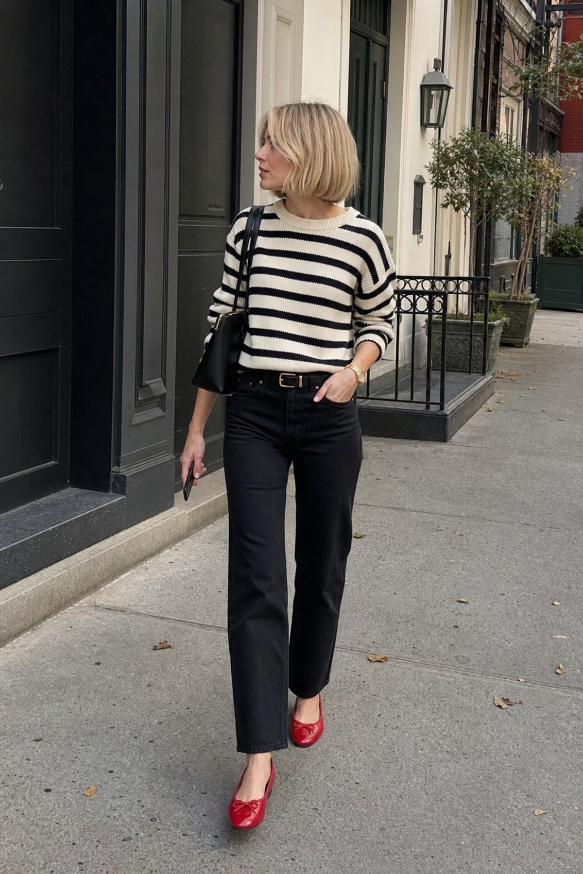 Woman wearing a striped sweater with black jeans, a downtown girl outfit