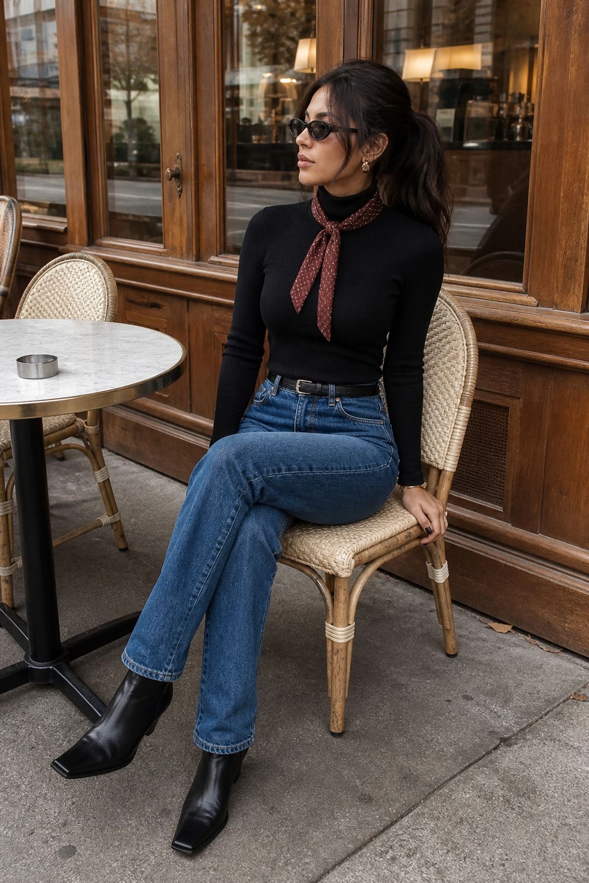 Woman wearing a black turtleneck with blue jeans and a skinny scarf, a downtown girl outfit