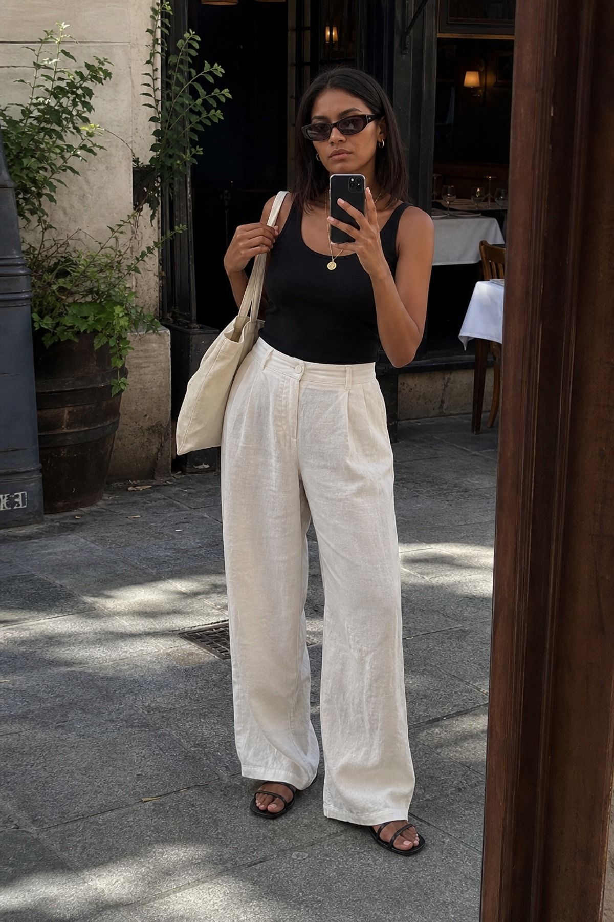 Woman wearing a black tank with cream linen pants, a European summer outfit