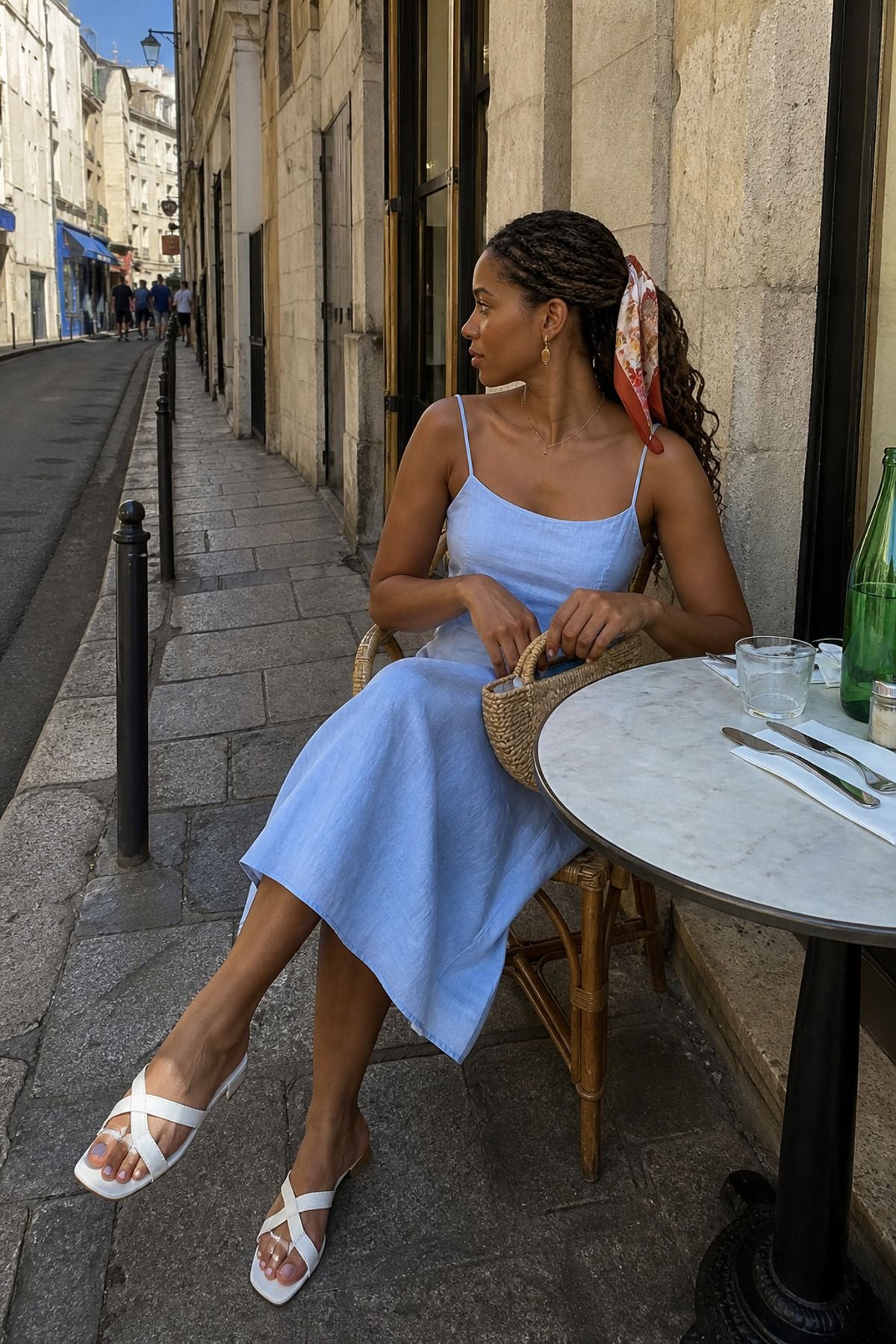 Woman wearing a printed scarf with a simple sundress, a European summer outfit