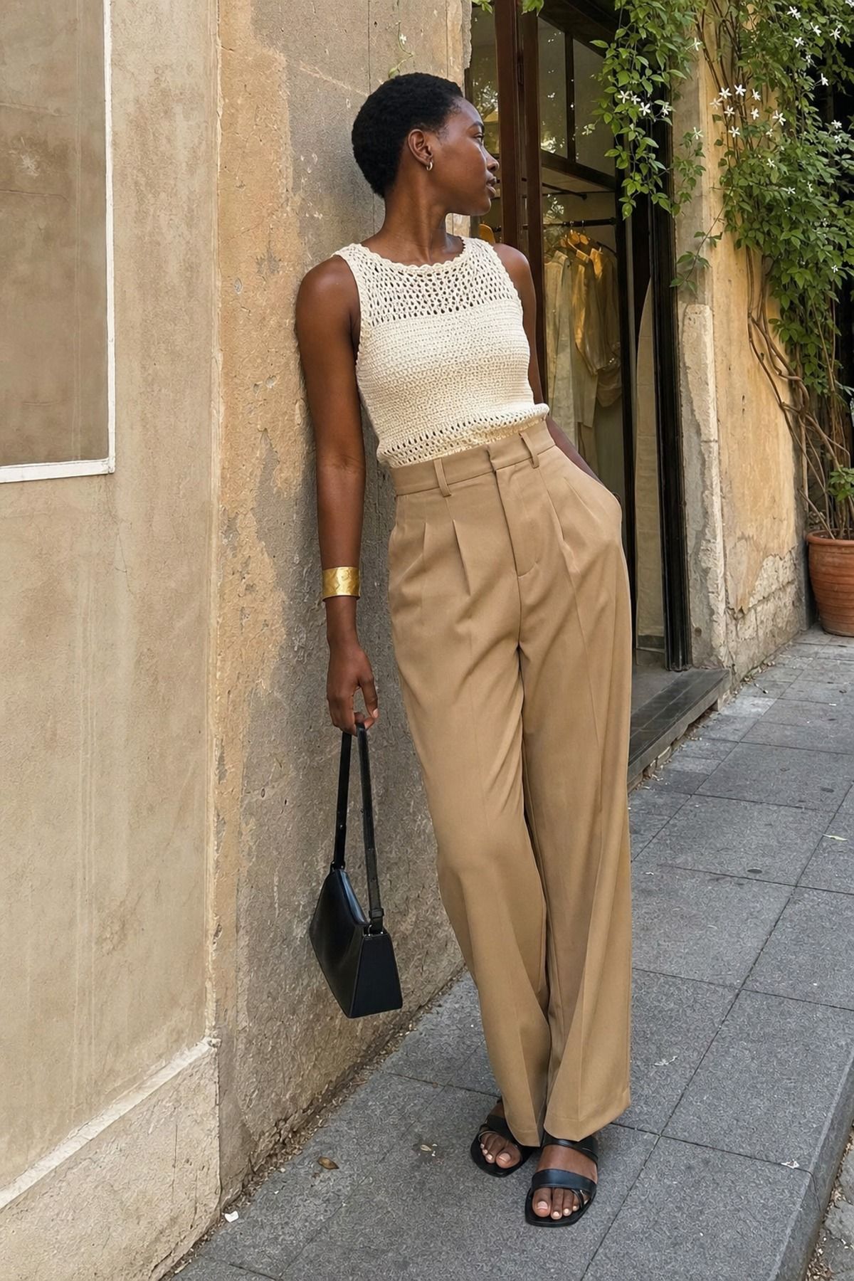 Woman wearing a crochet top with high-waist trousers, a European summer outfit
