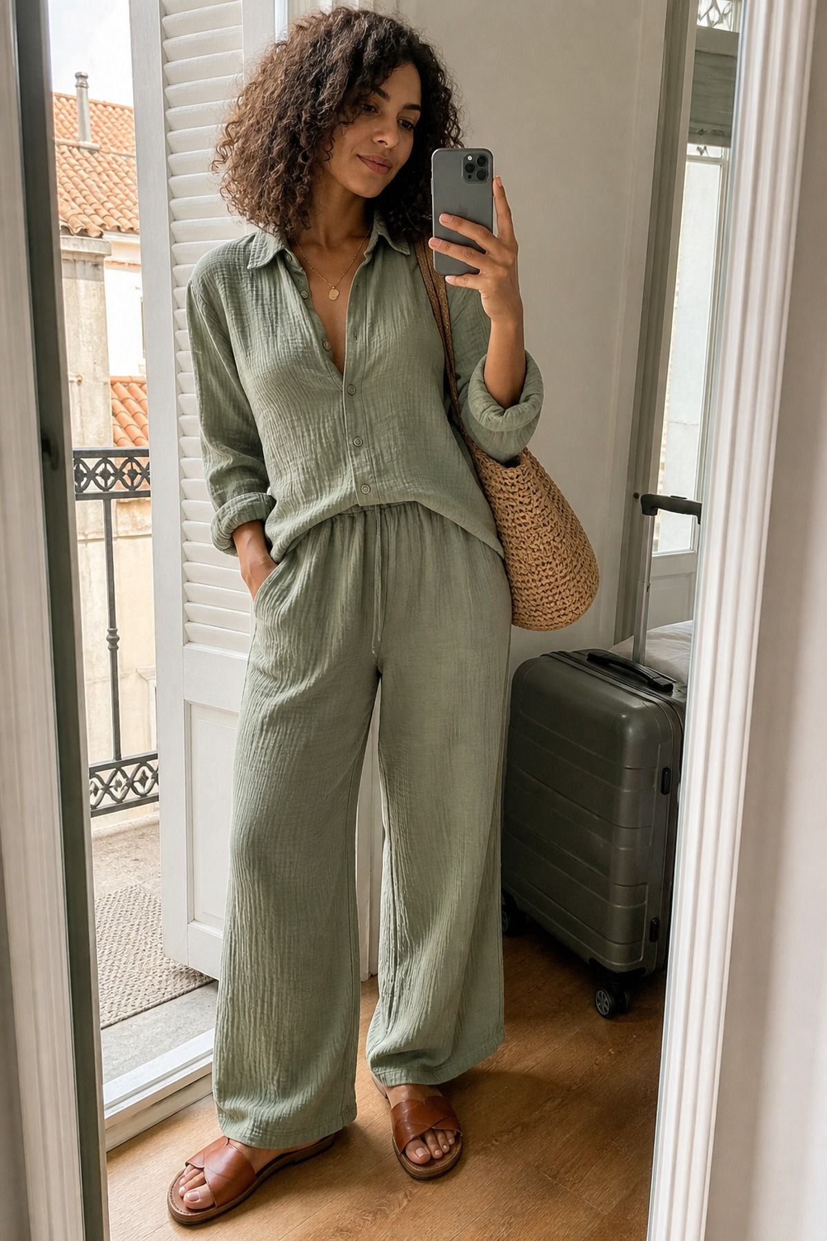 Woman wearing a gauze set with leather slides, a European summer outfit