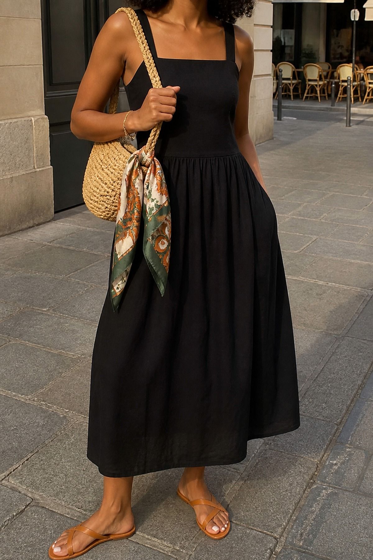 Woman wearing a black midi dress with a raffia bag, a European summer outfit