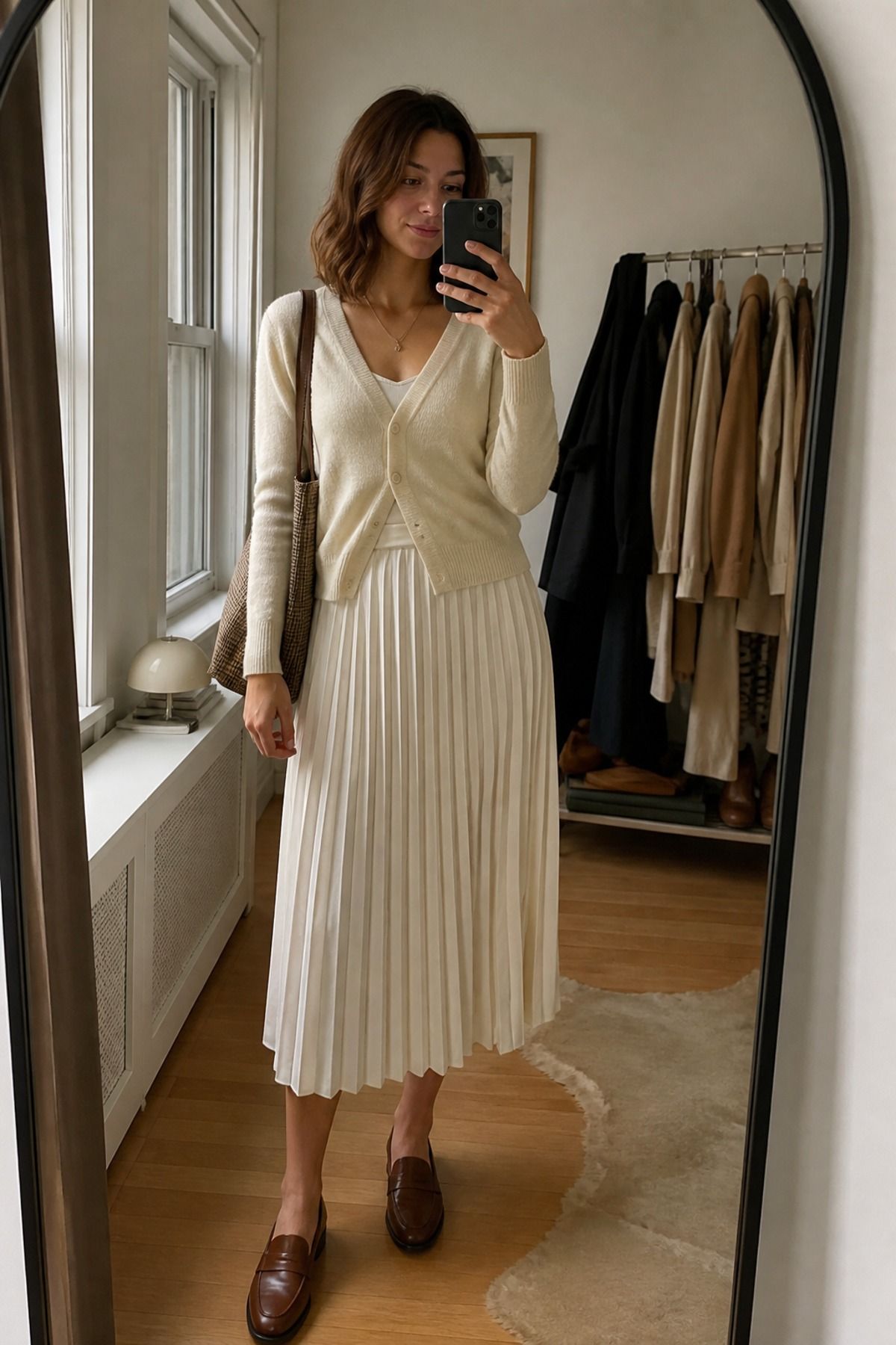 Woman wearing a cream cardigan with a pleated midi skirt, a light academia outfit