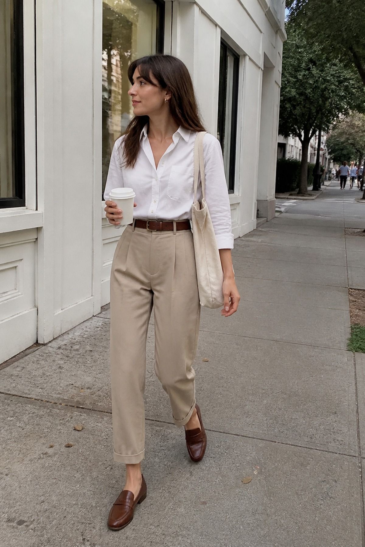 Woman wearing a white button-down with beige trousers, a light academia outfit